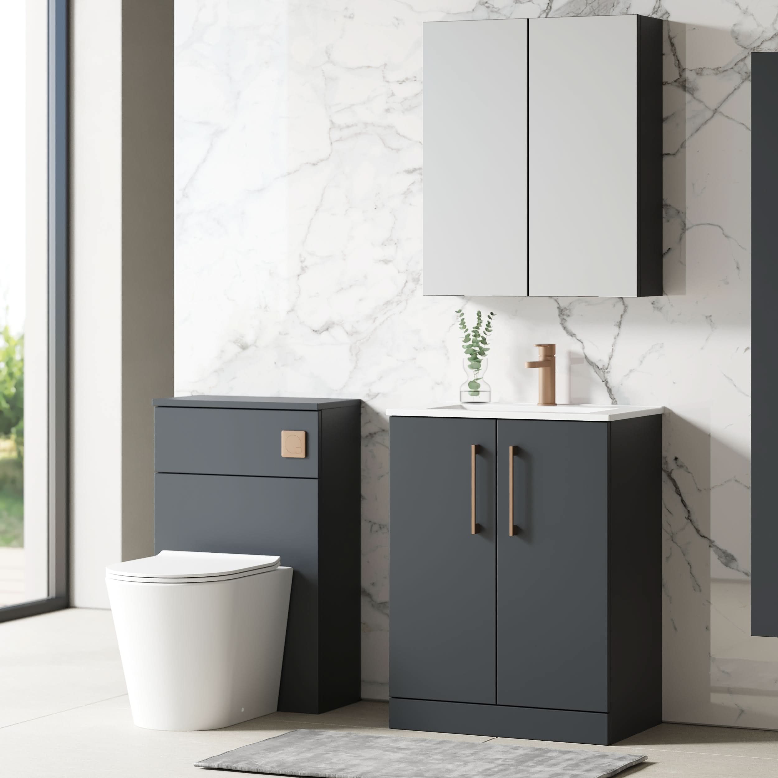 Nuie Arno Floor Standing 2 Door Vanity & Minimalist Ceramic Basin, Elegant Floor Standing Vanity Unit in Soft Black with Generous Storage, 600 mm