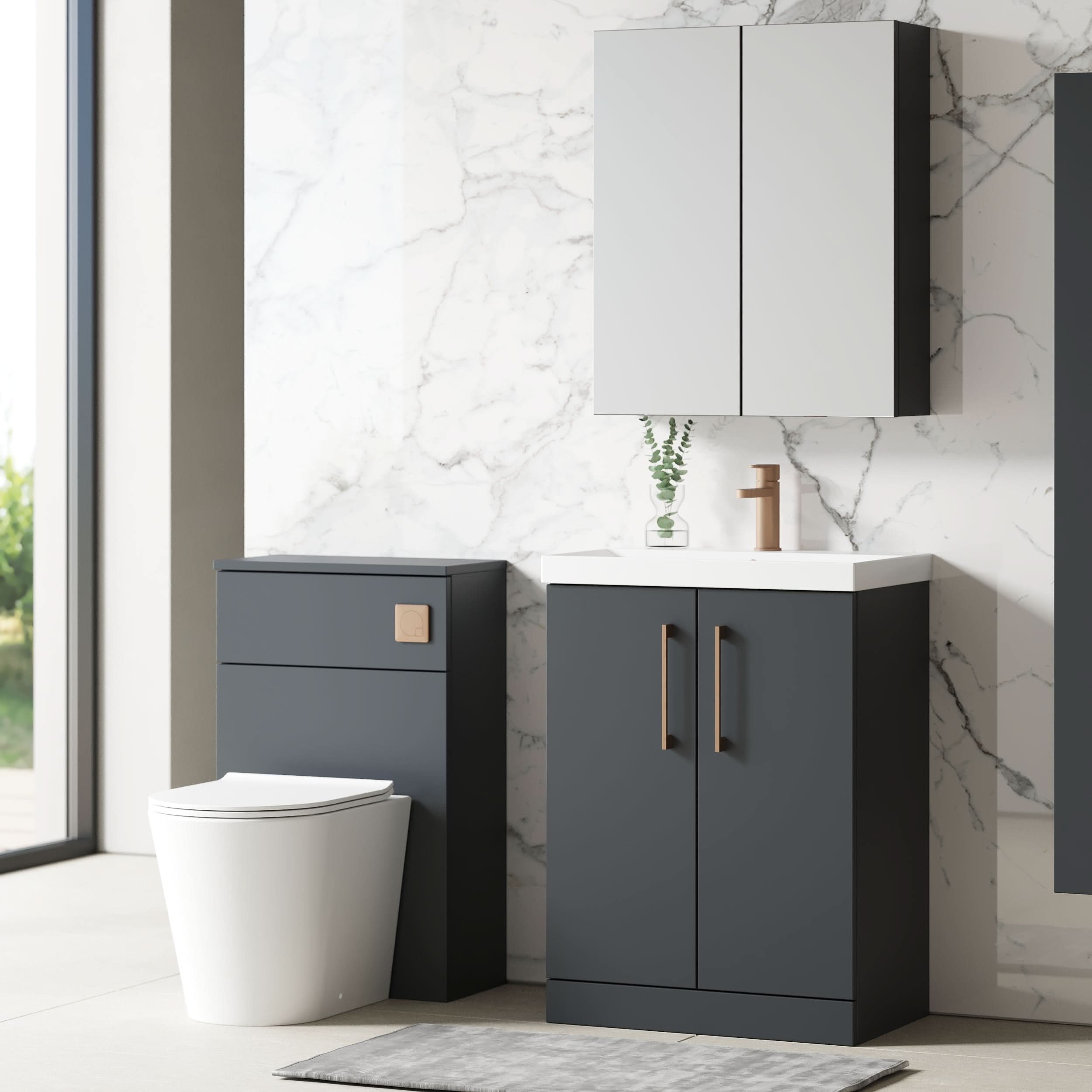 Nuie Arno Floor Standing 2 Door Vanity & Thin-Edge Ceramic Basin, Premium Floor Standing Vanity Unit in Soft Black, 600mm