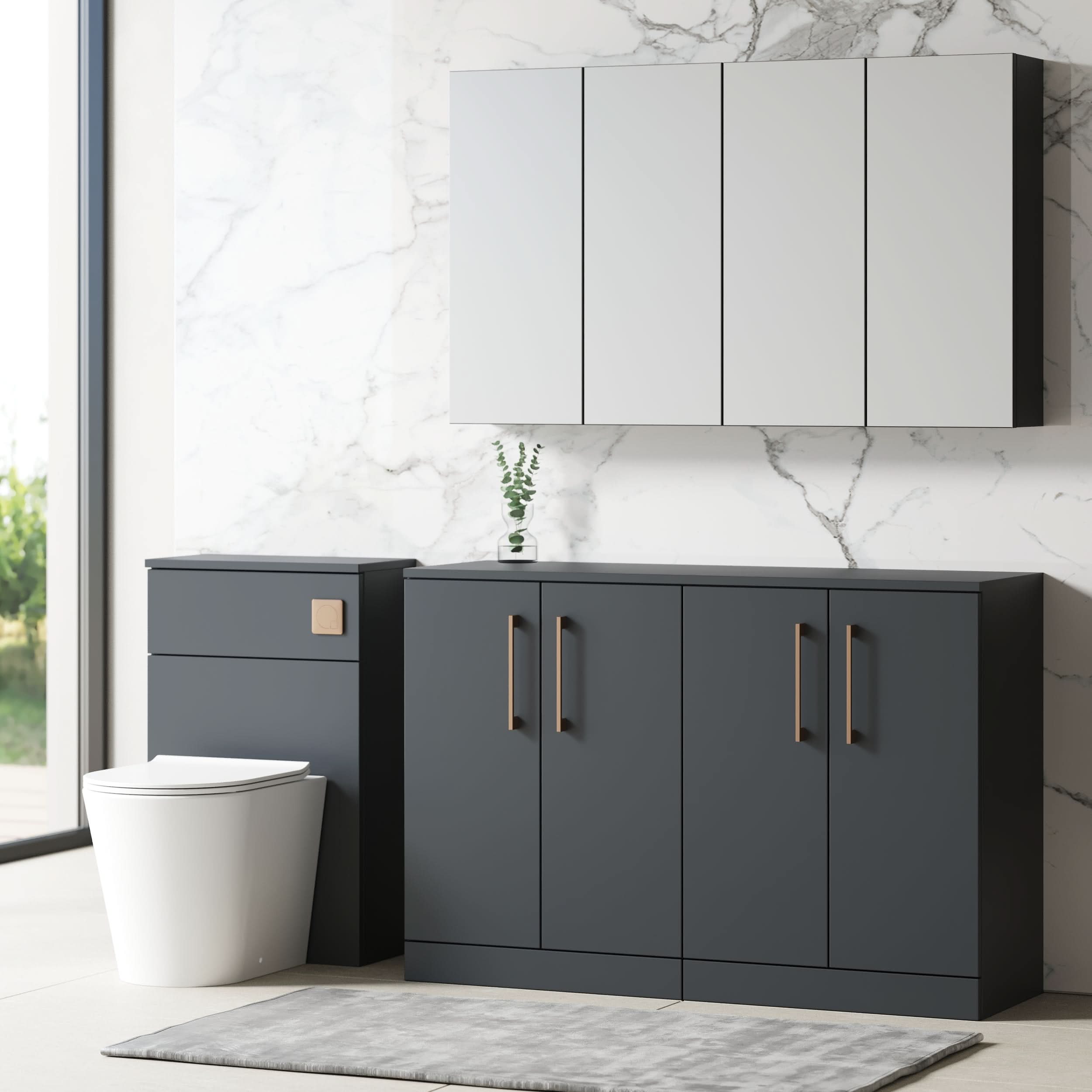 Nuie Arno Floor Standing 4 Door Vanity & Laminate Worktop, Contemporary Floor Standing Vanity Unit in Soft Black, 1200mm