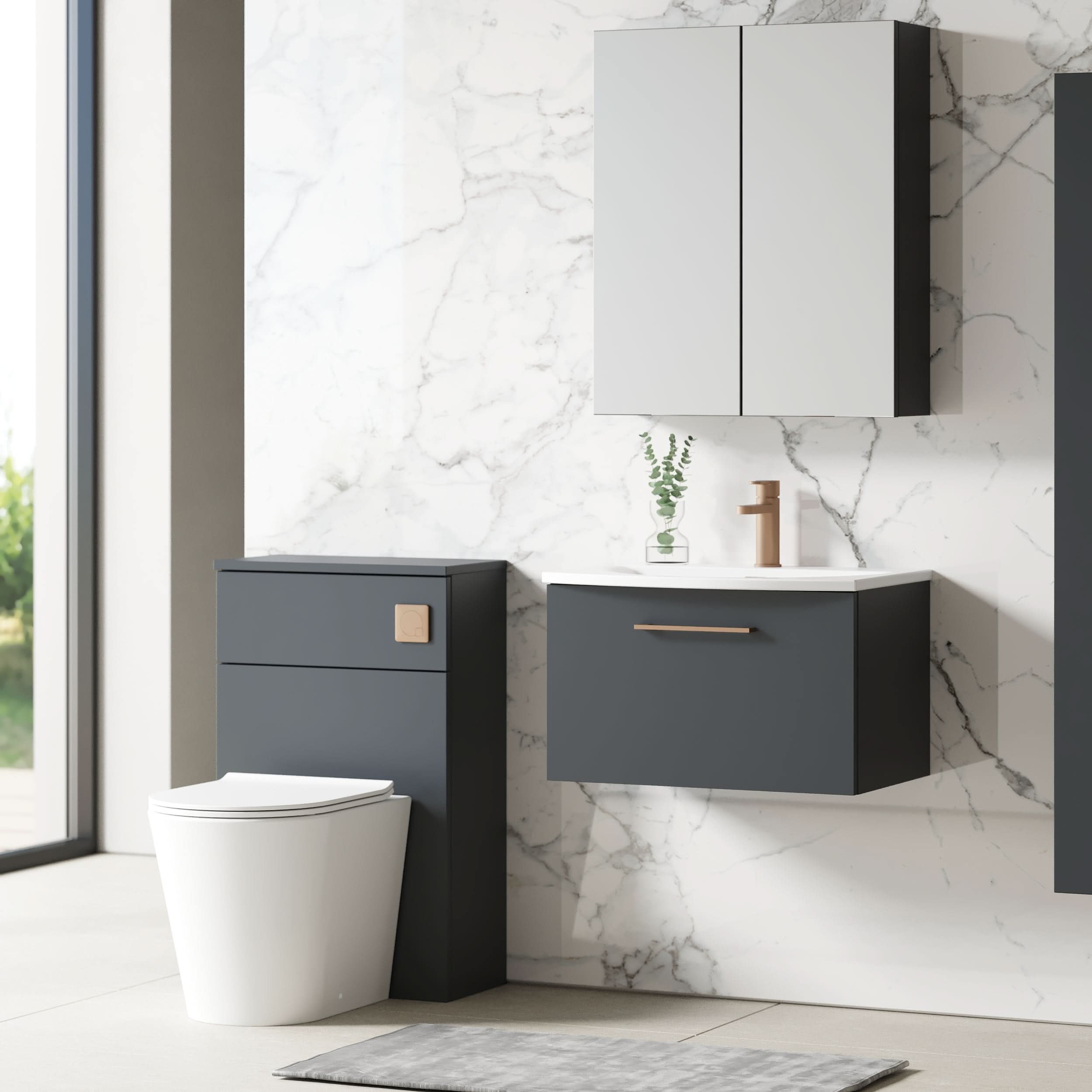 Nuie Arno Wall Hung 1 Drawer Vanity Unit & Curved Ceramic Basin, Sleek and Modern Wall Hung Vanity Unit with Basin, Soft Black, 600mm