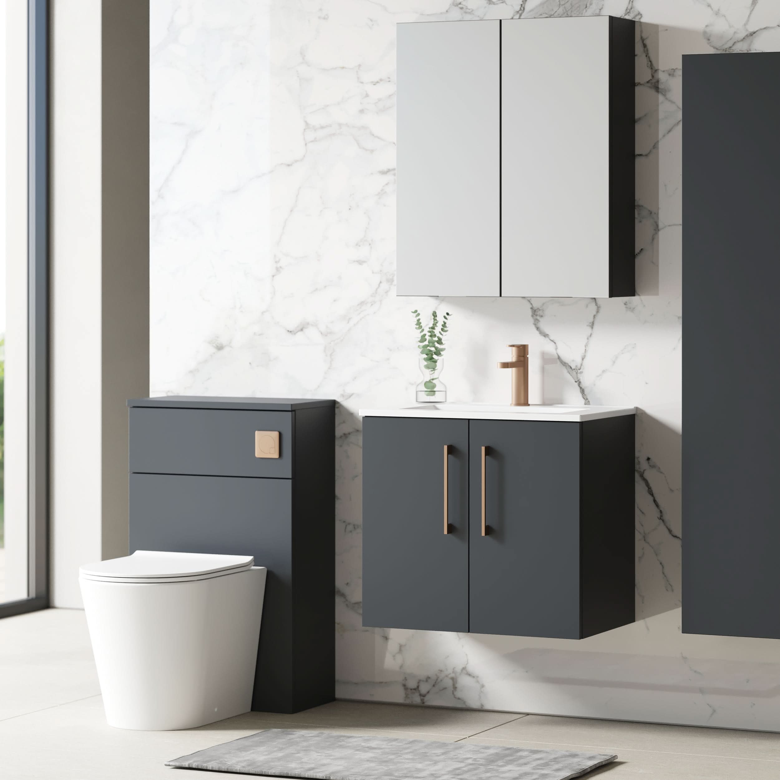 Nuie Arno Wall Hung 2 Door Vanity Unit with Basin & Minimalist Ceramic Basin, Space-Saving Vanity Unit with Basin, Soft Black, 600mm
