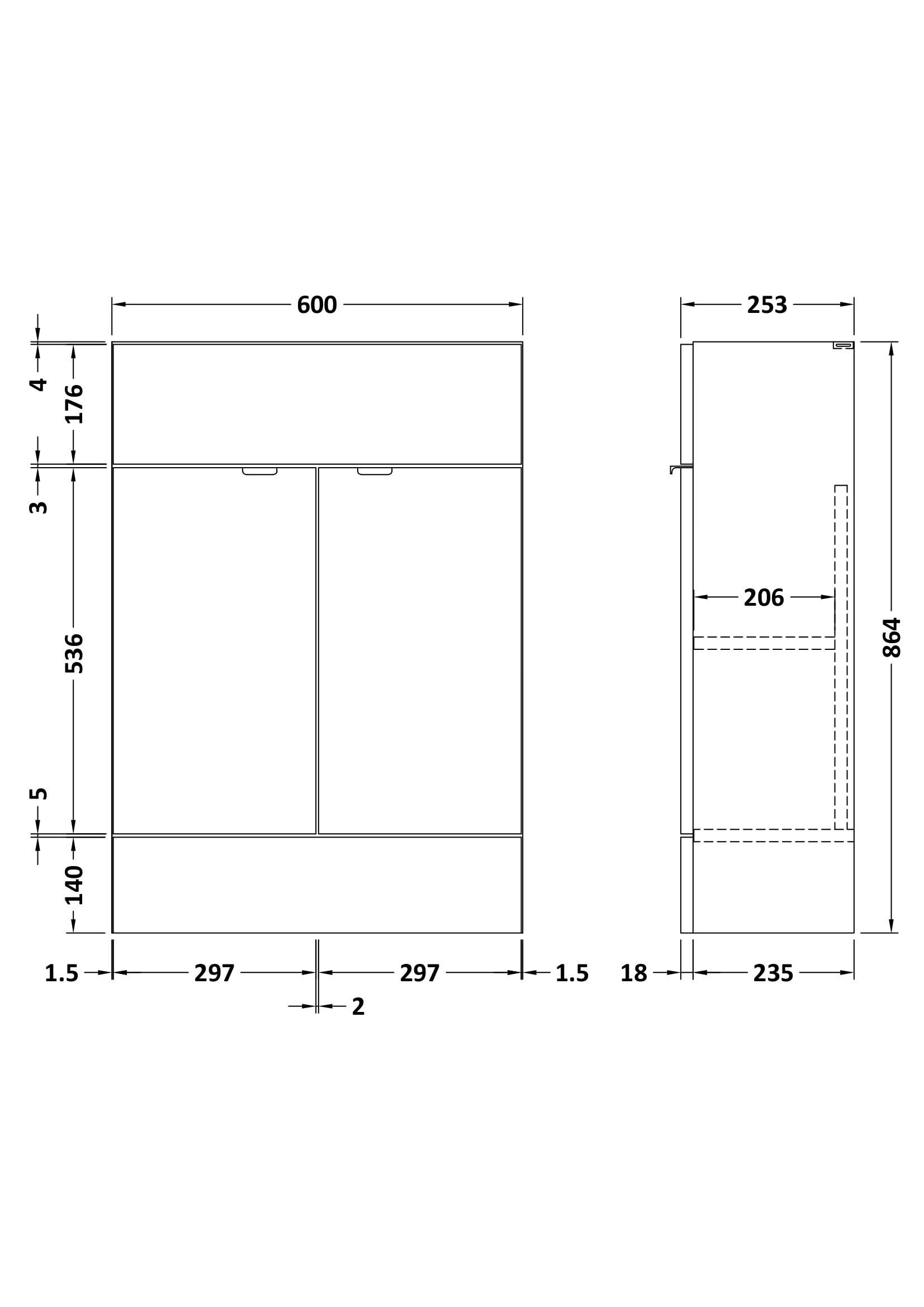 Hudson Reed Fusion Fitted Floor Standing Vanity Unit, 2 Soft Close Door Compact Bathroom Unit in Gloss White, 600mm (255Mm Deep)