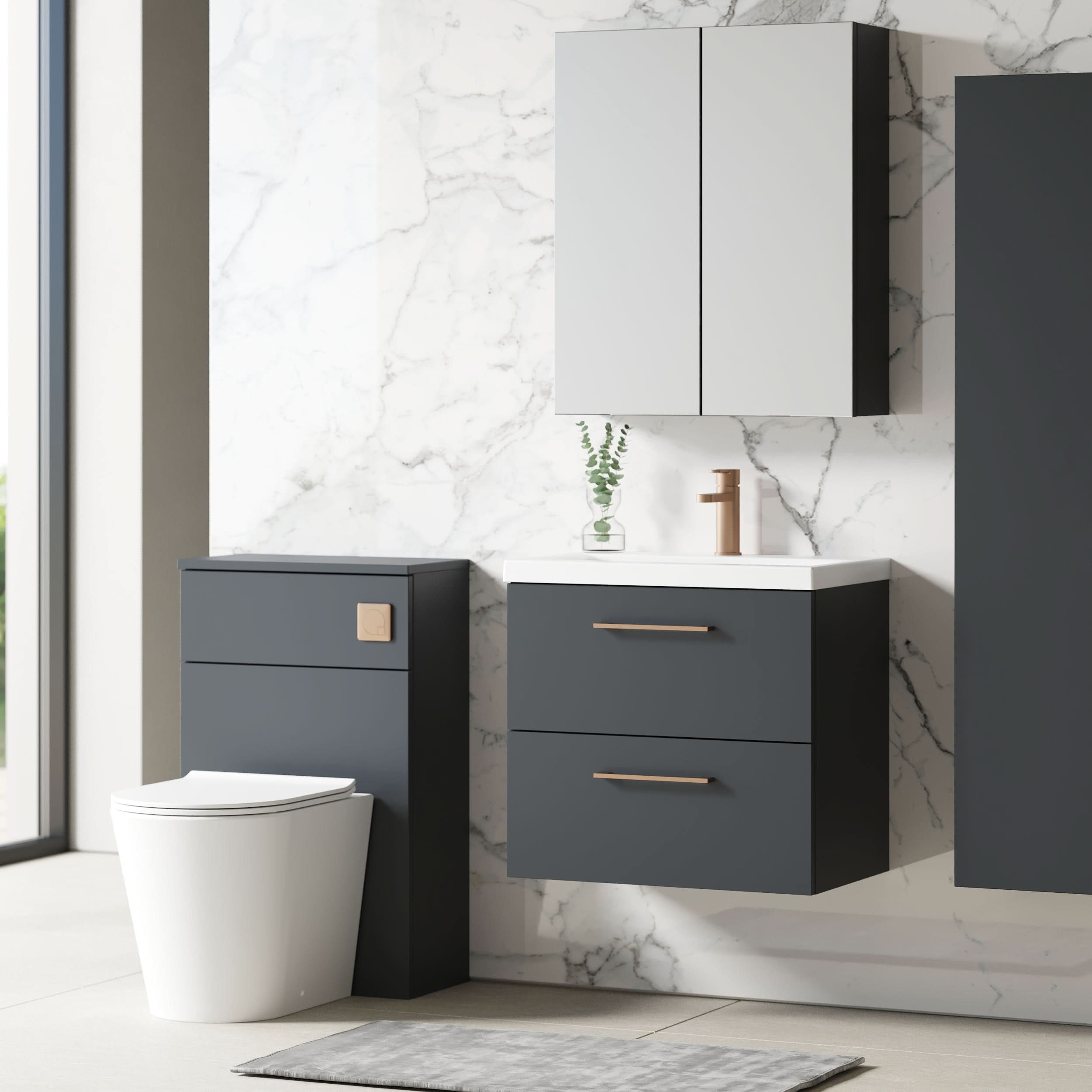 Nuie Arno Wall Hung 2 Drawer Vanity Unit & Mid-Edge Ceramic Basin, Modern Wall Hung Vanity Unit and Basin, Soft Black, 600mm