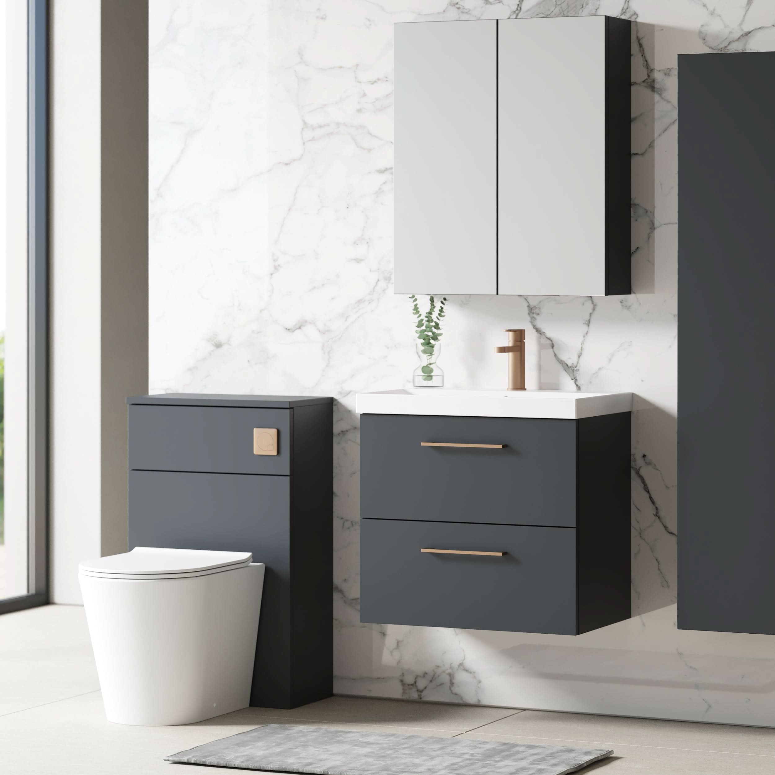 Nuie Arno Wall Hung 2 Drawer Vanity Unit & Thin-Edge Ceramic Basin, Elegant Wall Hung Vanity Unit and Basin, Soft Black, 600mm