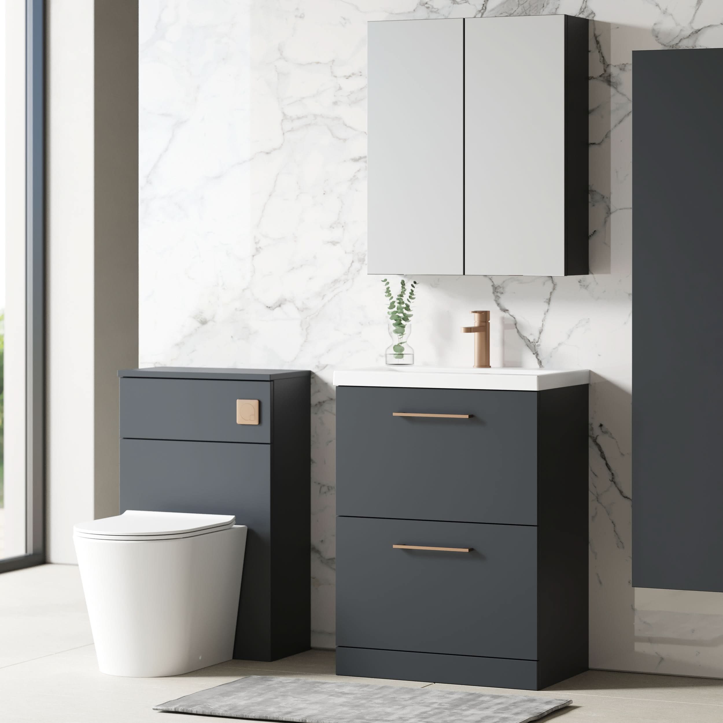 Nuie Arno Floor Standing 2 Drawer Vanity Unit & Mid-Edge Ceramic Basin, Modern Sink Vanity Unit, Soft Black, 600mm