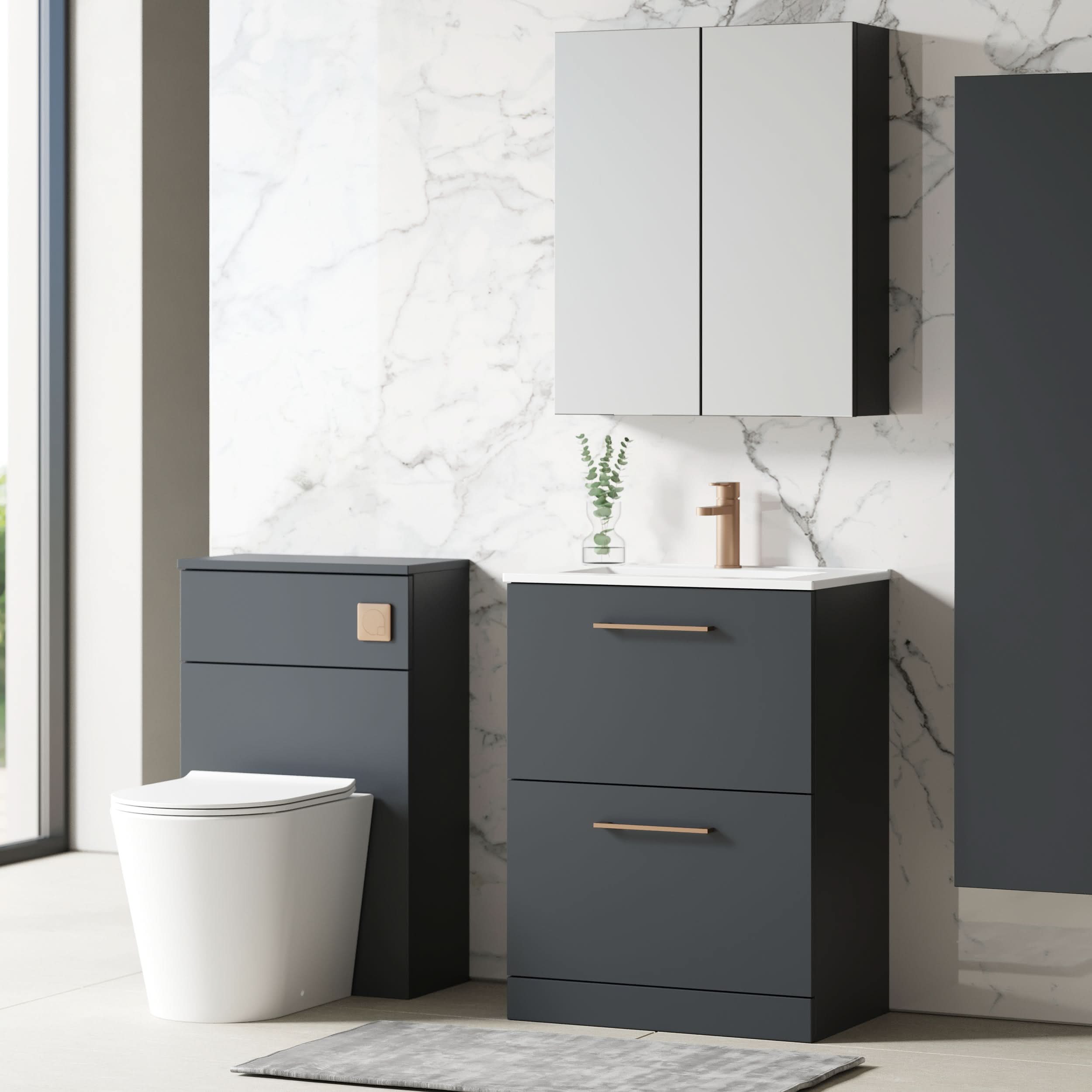 Nuie Arno Floor Standing 2 Drawer Vanity Unit & Minimalist Ceramic Basin, Stylish Sink Vanity Unit, Soft Black, 600mm