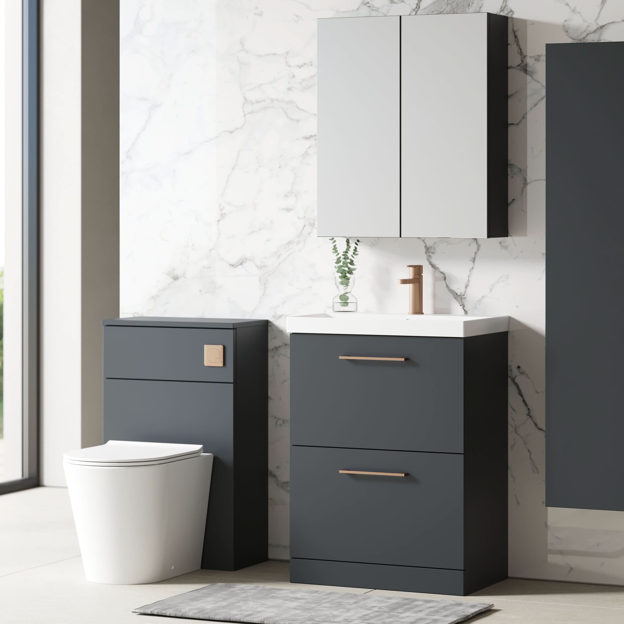 Nuie Arno Floor Standing 2 Drawer Vanity Unit & Thin-Edge Ceramic Basin, Compact Sink Vanity Unit, Soft Black, 600mm