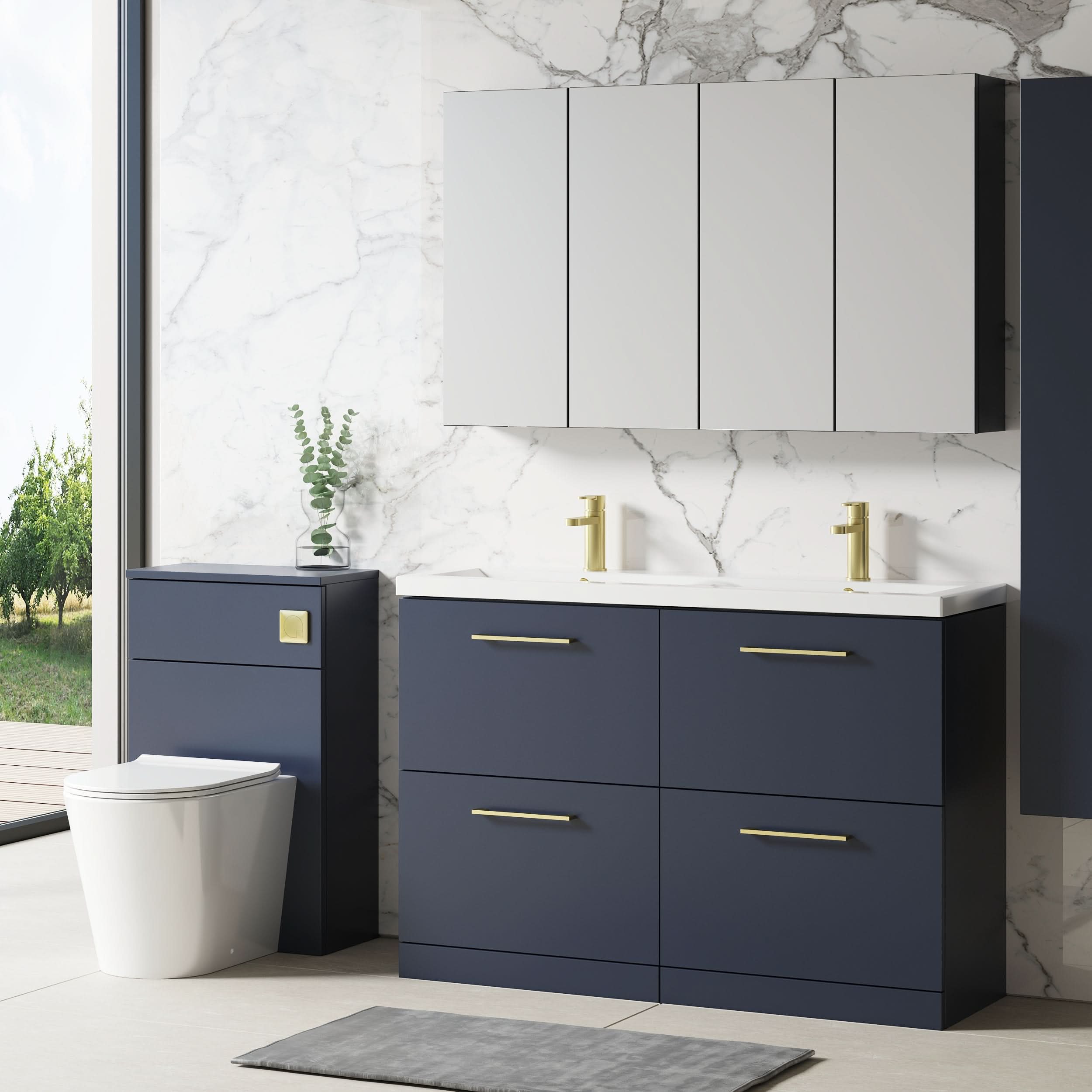 Nuie Arno Floor Standing 4 Drawer Vanity Unit & Double Ceramic Basin, Elegant Bathroom Vanity Unit in Midnight Blue with Indigo Blue Basin, 1200mm