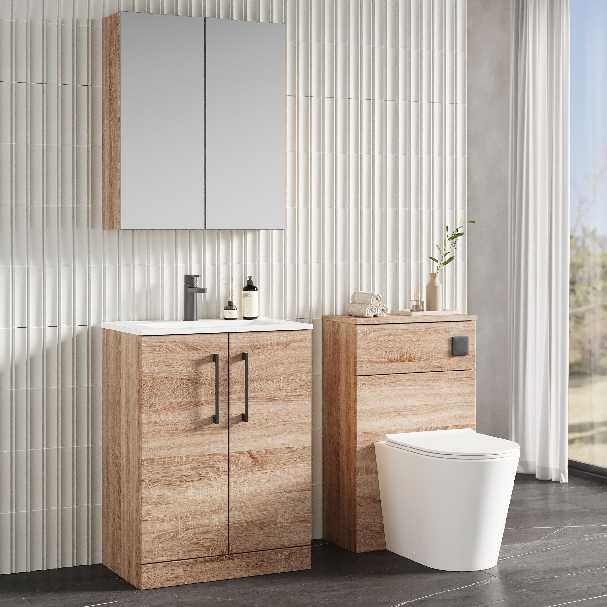 Nuie Arno Floor Standing 2 Door Vanity Unit & Minimalist Ceramic Basin, Stylish Sink Vanity Unit in Bleached Oak, 600mm