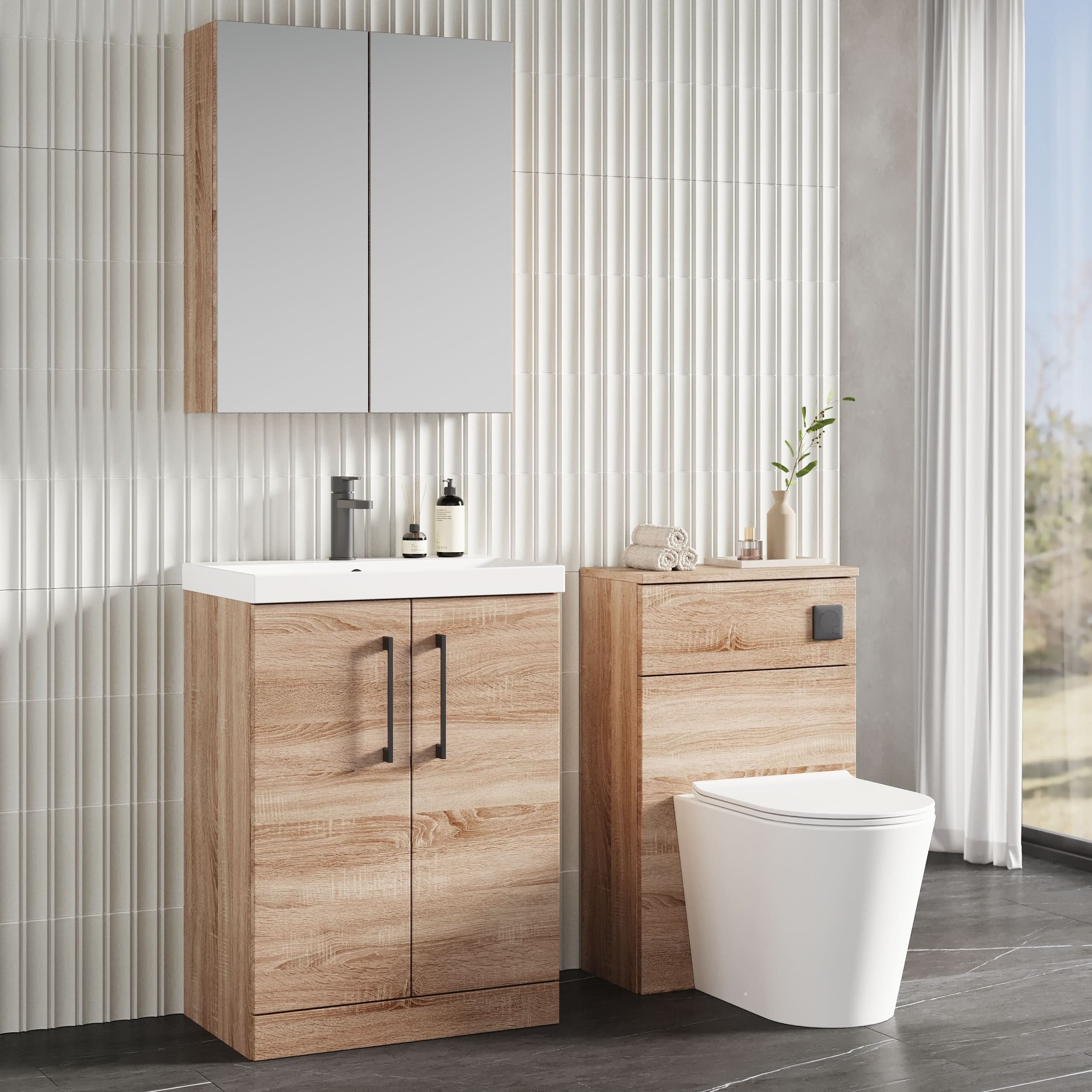 Nuie Arno Floor Standing 2 Door Vanity Unit & Thin-Edge Ceramic Basin, Stylish Sink Vanity Unit in Bleached Oak, 600mm