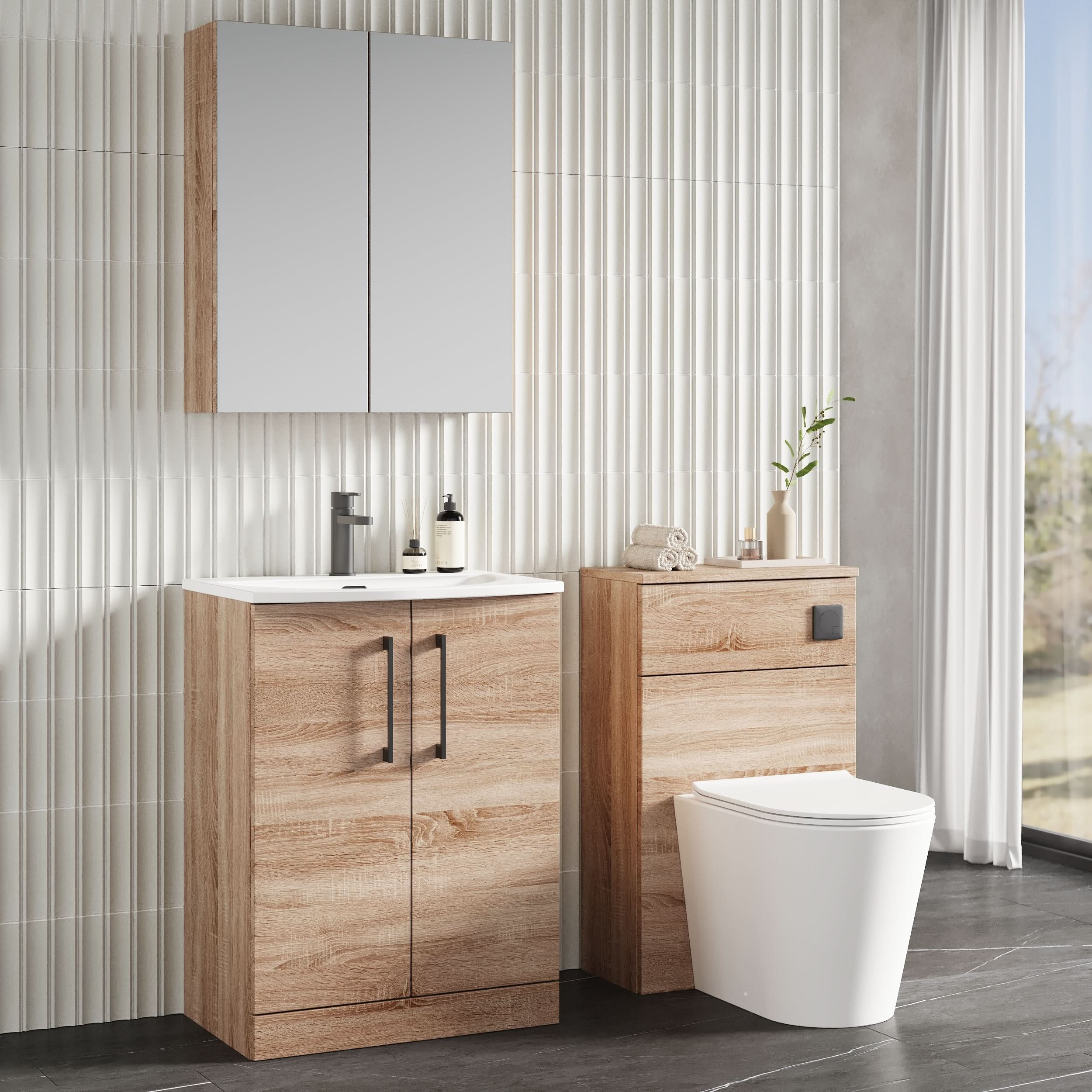 Nuie Arno Floor Standing 2 Door Vanity Unit & Curved Ceramic Basin, Stylish Sink Vanity Unit in Bleached Oak, 600mm