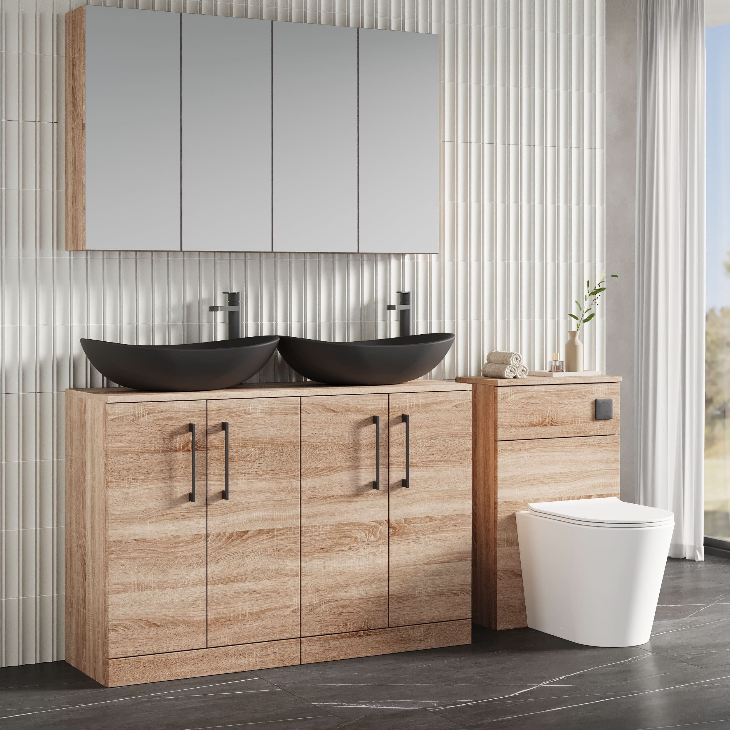 Nuie Arno Floor Standing 4-Door Vanity Unit & Worktop, Stylish Modern Vanity Units in Bleached Oak for Contemporary Bathrooms, 1200mm