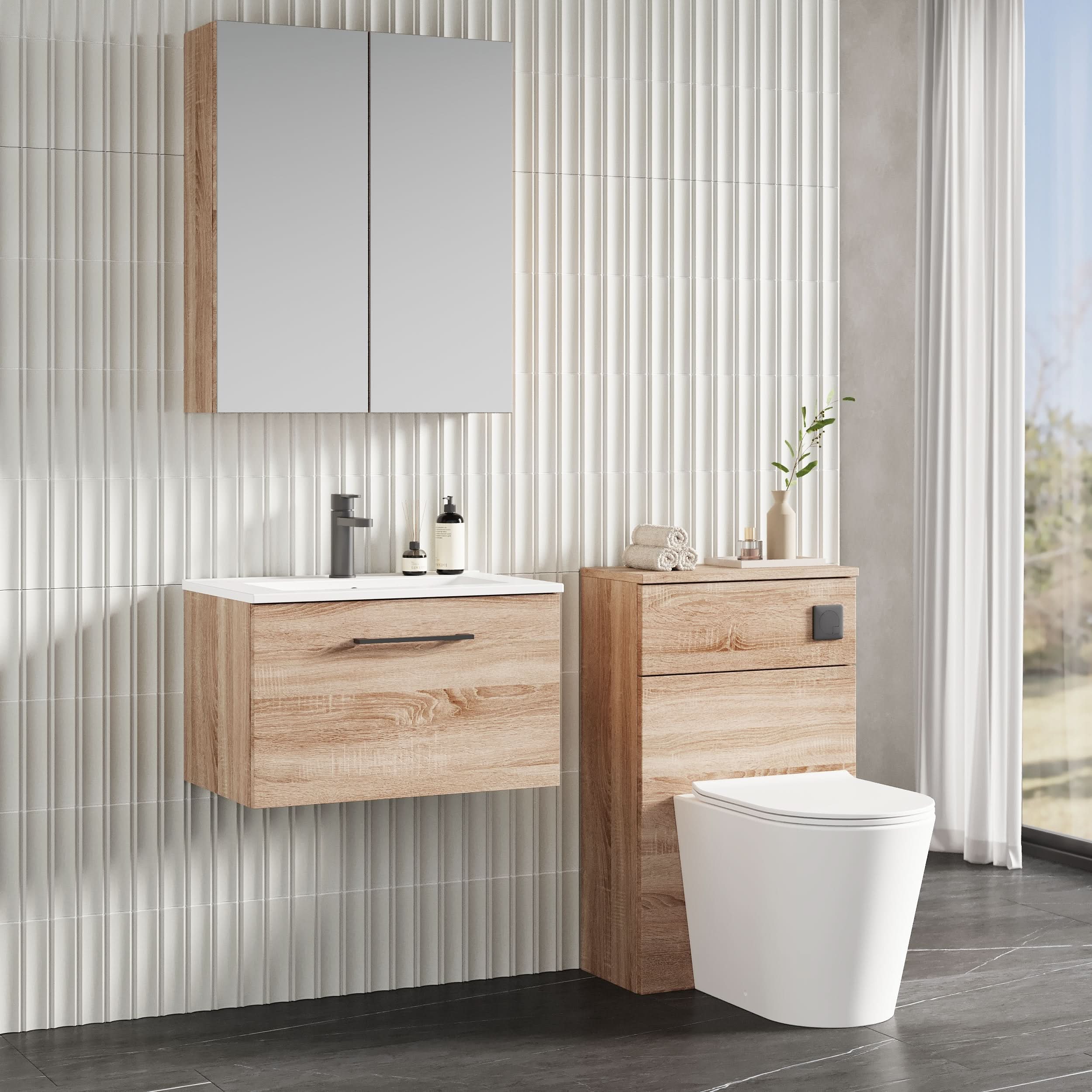Nuie Arno Wall Hung 1-Drawer Vanity Unit & Minimalist Ceramic Basin, Modern Sink Vanity Unit with Soft Close Storage in Bleached Oak, 600mm