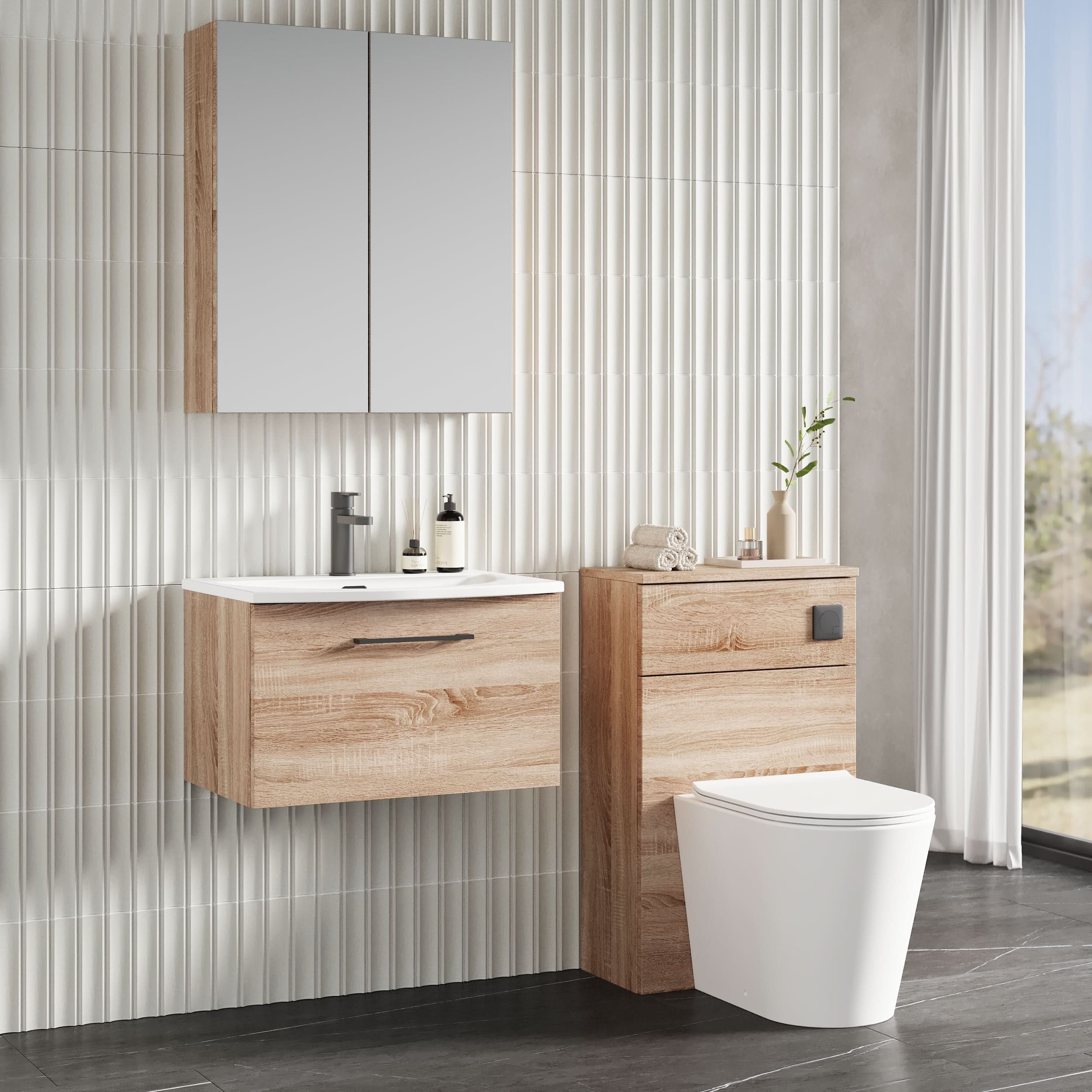 Nuie Arno Wall Hung 1-Drawer Vanity Unit & Curved Ceramic Basin, Modern Sink Vanity Unit with Soft Close Storage in Bleached Oak, 600mm