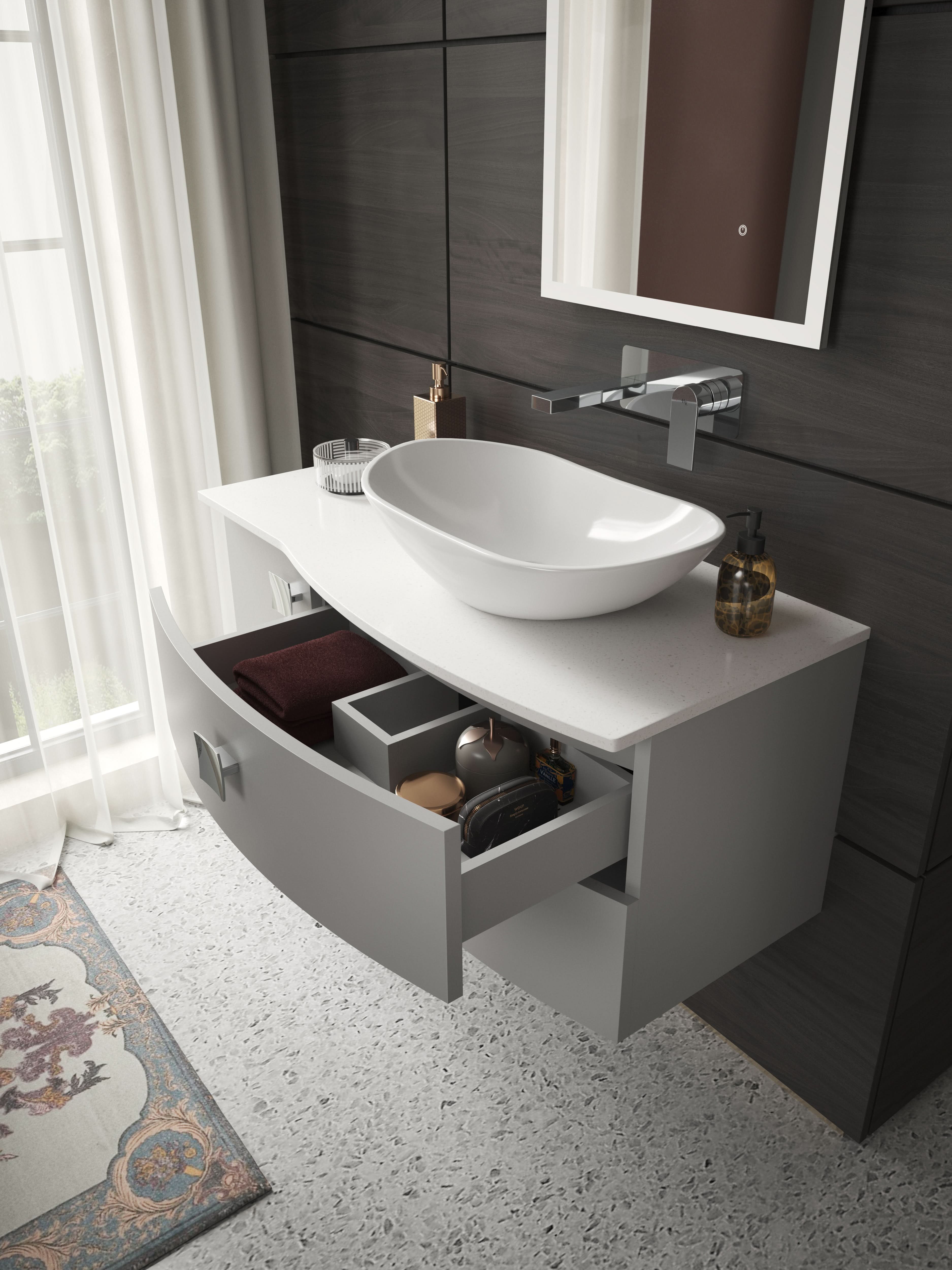 Hudson Reed Sarenna Wall Hung Right Hand 2 Drawer 1 Door White Countertop Basin Vanity Unit, Durable Soft-Close Cabinet Bathroom Furniture in Dove Grey, 1000mm
