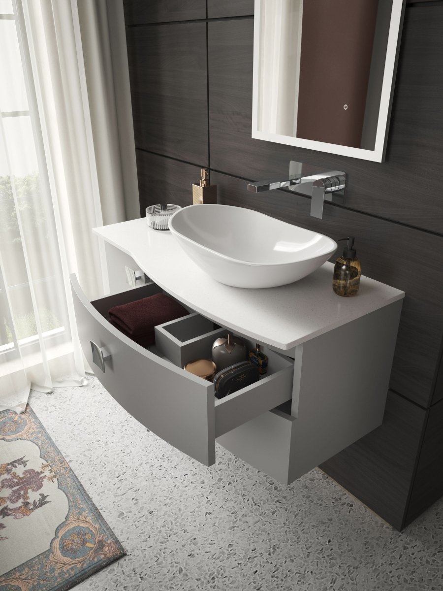 Hudson Reed Sarenna Wall Hung Right Hand 2 Drawer 1 Door White Countertop Basin Vanity Unit, Durable Soft-Close Cabinet Bathroom Furniture in Dove Grey, 1000mm