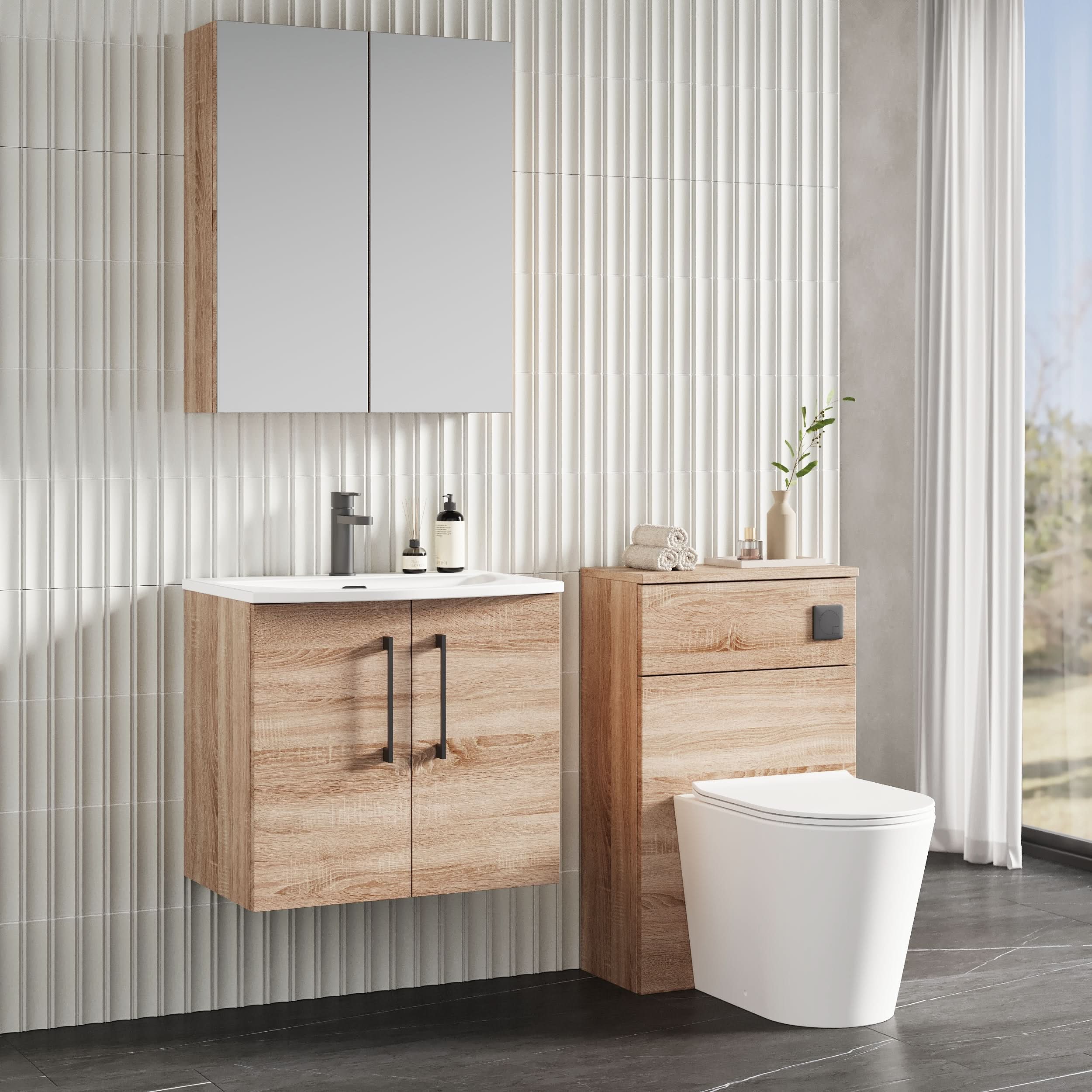 Nuie Arno Wall Hung 2-Door Vanity Unit & Curved Ceramic Basin, Contemporary Vanity Unit with Basin, Bleached Oak, 600mm