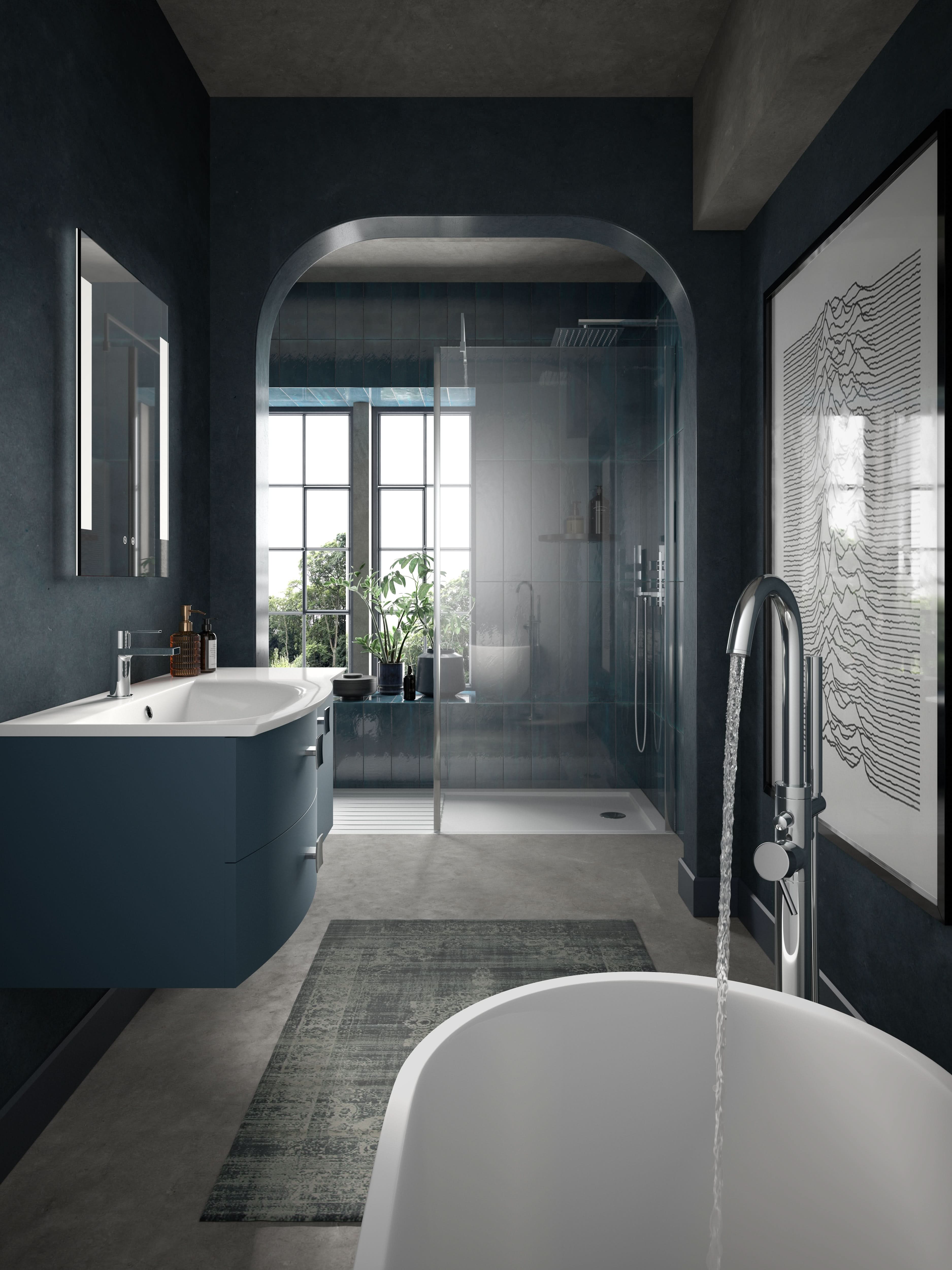 Hudson Reed Sarenna Wall Hung Tall Unit with Soft-Close Door, Modern Curved Design Bathroom Storage Cabinet in Mineral Blue, 350mm