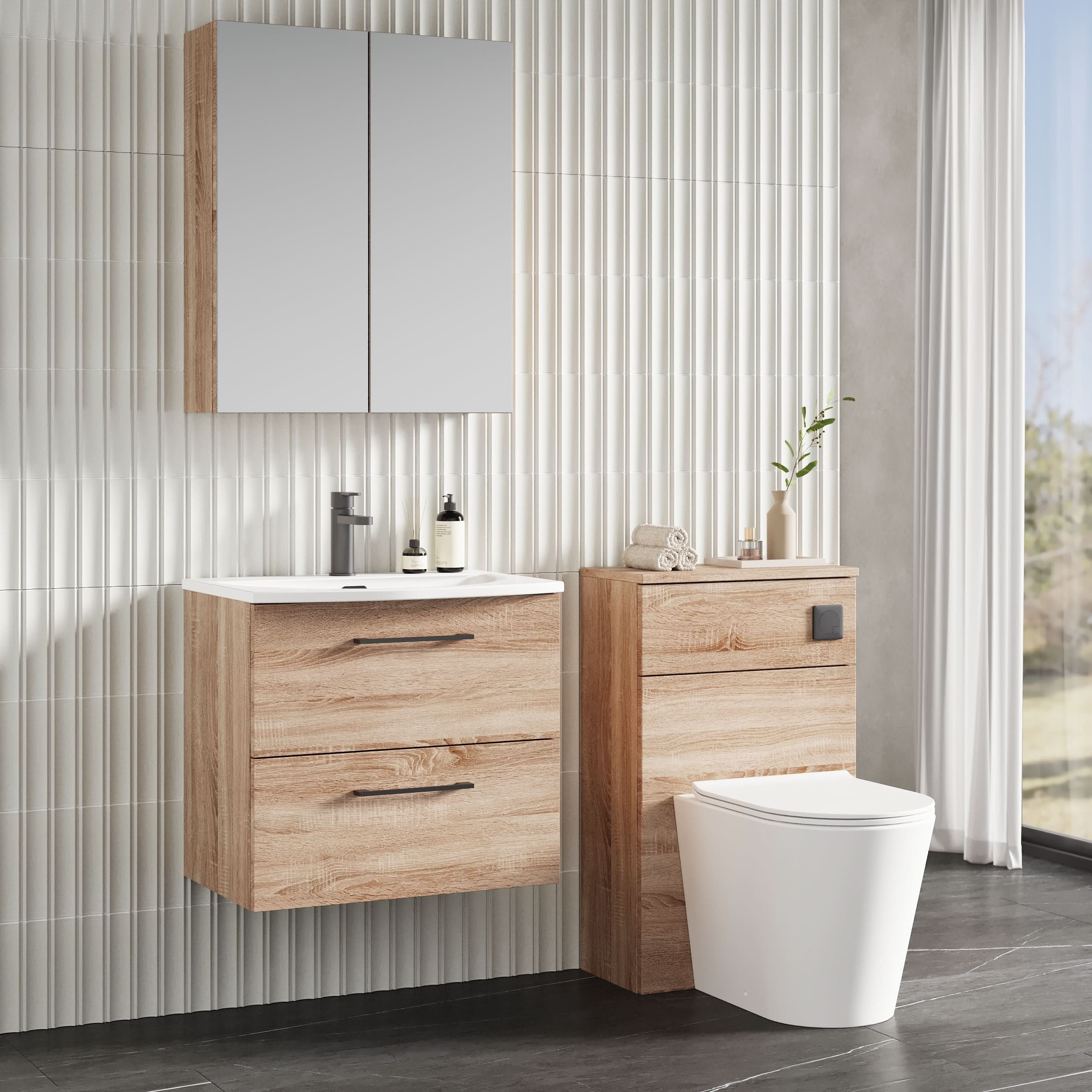 Nuie Arno Wall Hung 2 Drawer Vanity Unit & Curved Ceramic Basin, Contemporary Sink Vanity Unit in Bleached Oak, 600mm