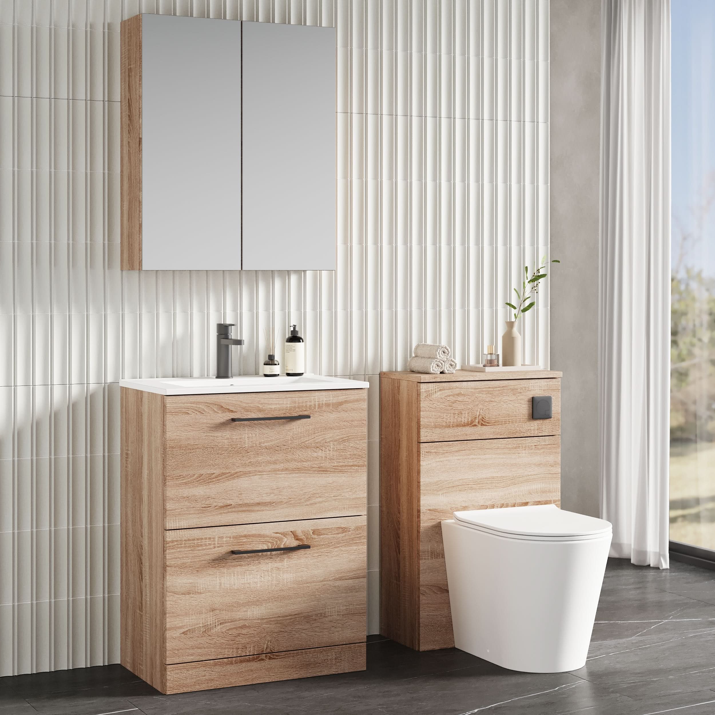 Nuie Arno Floor Standing 2 Drawer Vanity Unit & Minimalist Ceramic Basin, Contemporary Sink Vanity Unit in Bleached Oak, 600mm