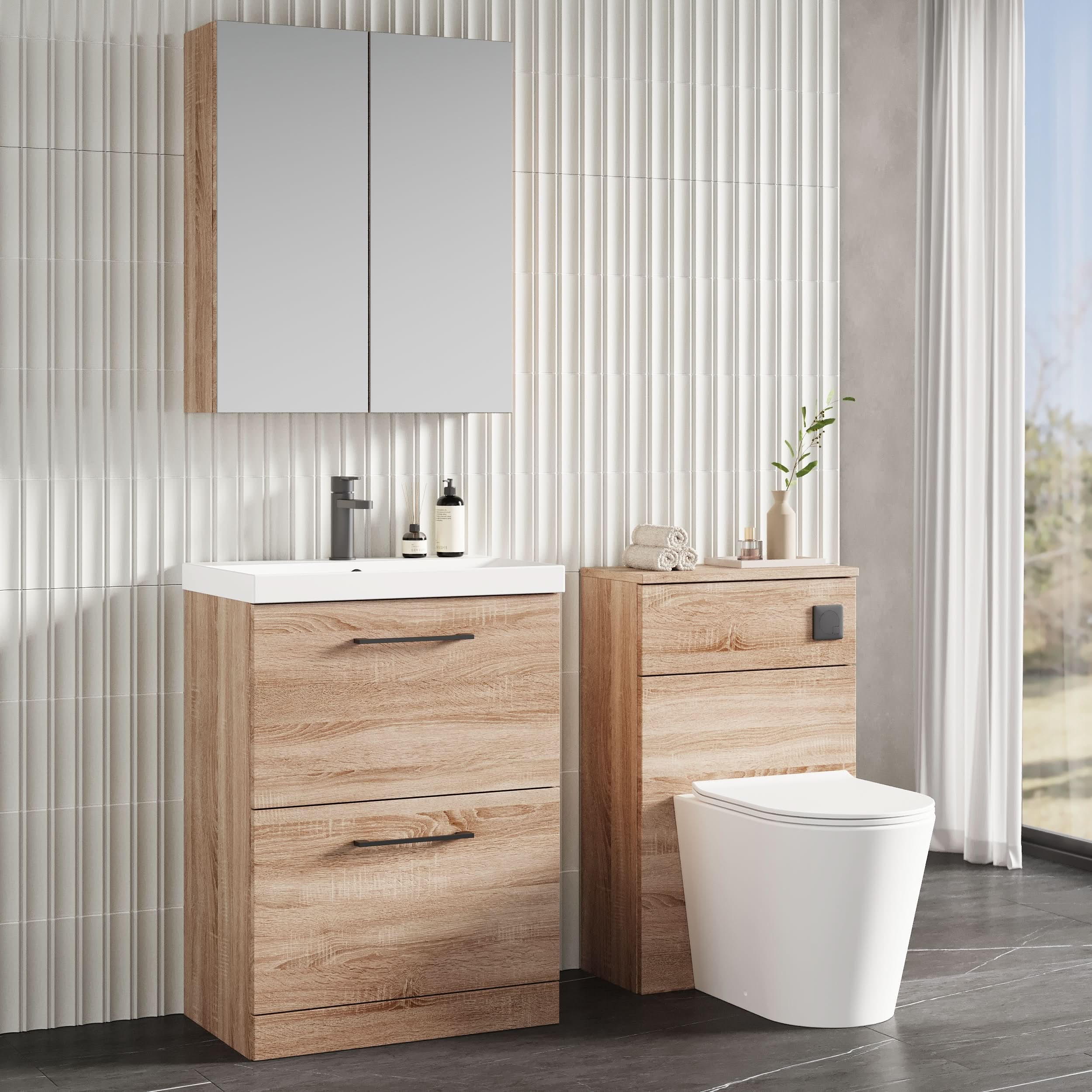 Nuie Arno Floor Standing 2 Drawer Vanity Unit & Thin-Edge Ceramic Basin, Contemporary Sink Vanity Unit in Bleached Oak, 600mm