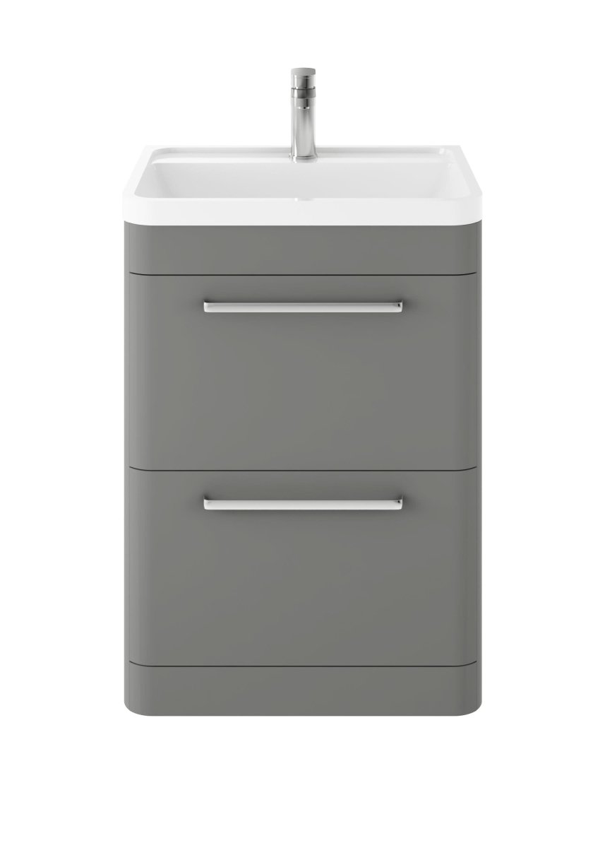 Hudson Reed Solar Floor Standing 2 Door Vanity Unit with Polymarble Basin, Durable Modern Vanity Unit in Cool Grey, 600mm