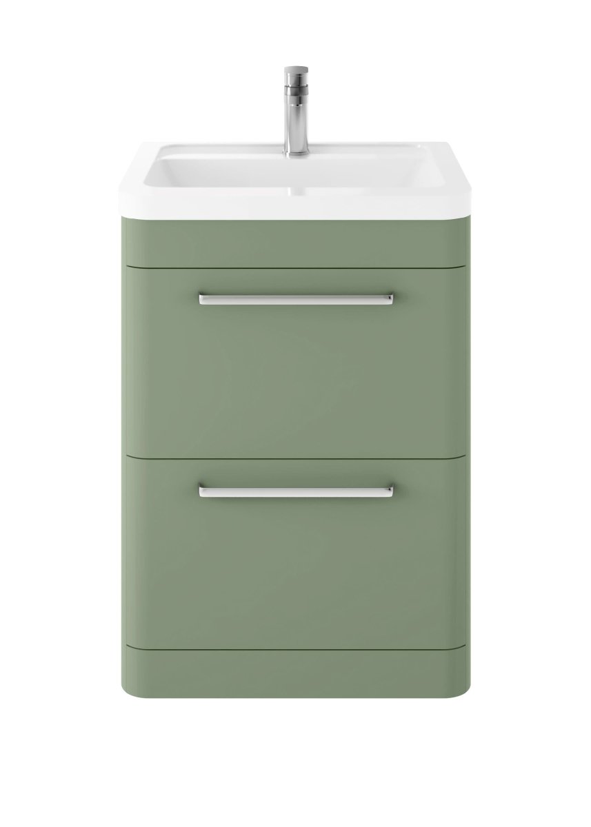 Hudson Reed Solar Floor Standing 2 Door Vanity Unit with Ceramic Basin, Durable Modern Vanity Unit in Fern Green, 600mm