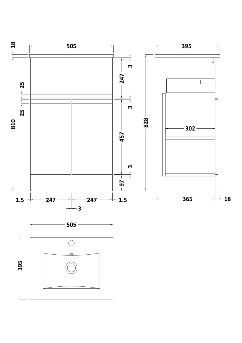 Hudson Reed Urban Floor Standing 2 Door 1 Drawer Vanity Unit with Minimalist Basin, Modern Vanity Unit in Satin White, 500mm