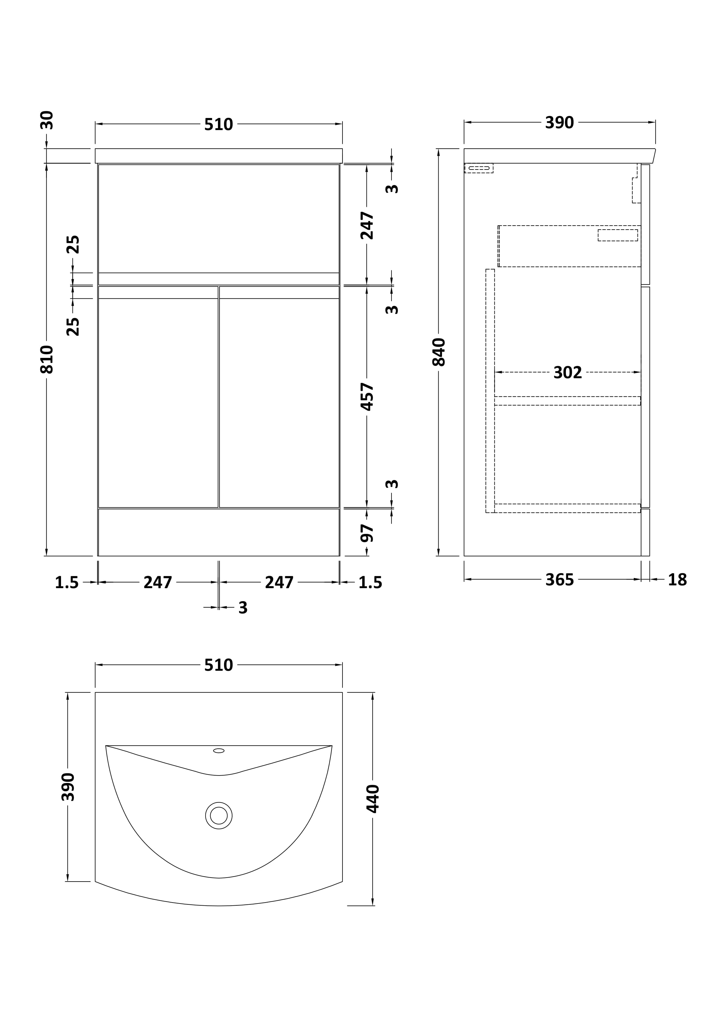 Hudson Reed Urban Floor Standing 2 Door 1 Drawer Vanity Unit with Curved Basin, Durable Modern Vanity Unit in Satin White, 500mm