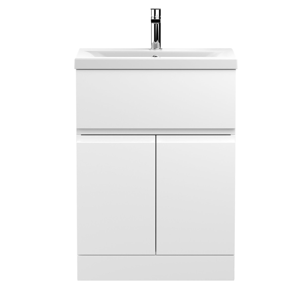Hudson Reed Urban Floor Standing 2 Door 1 Drawer Vanity Unit with Mid-Edge Basin, Durable Modern Vanity Unit in Satin White, 600mm