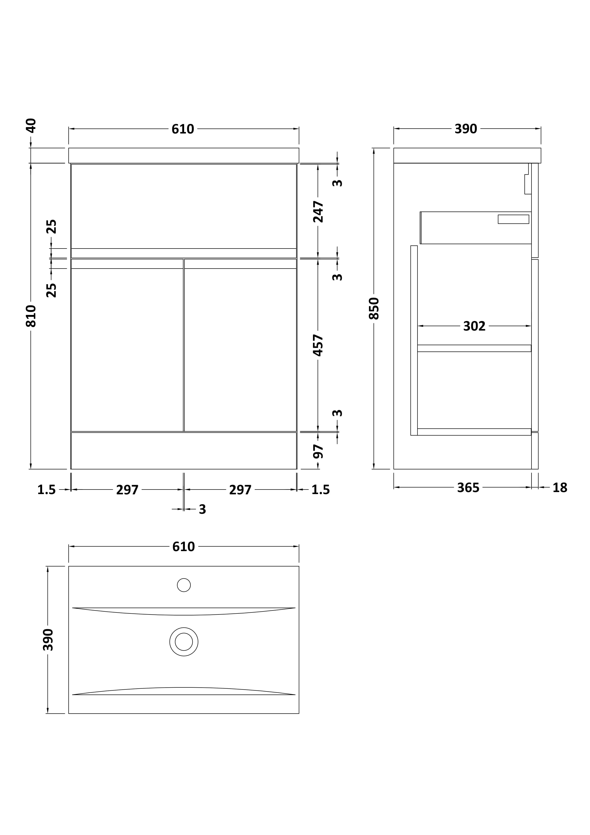 Hudson Reed Urban Floor Standing 2 Door 1 Drawer Vanity Unit with Mid-Edge Basin, Durable Modern Vanity Unit in Satin White, 600mm