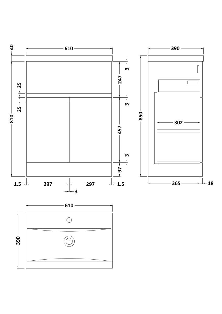 Hudson Reed Urban Floor Standing 2 Door 1 Drawer Vanity Unit with Mid-Edge Basin, Durable Modern Vanity Unit in Satin White, 600mm