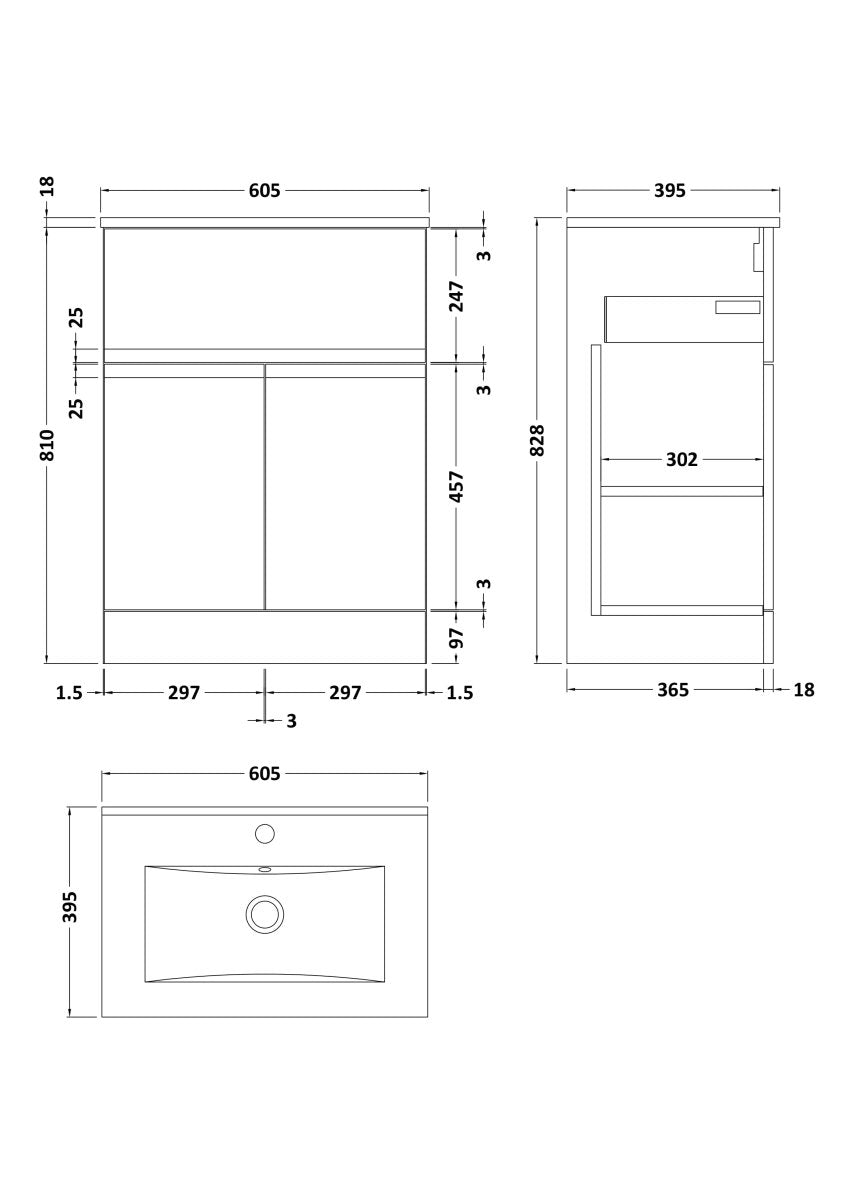 Hudson Reed Urban Floor Standing 2 Door 1 Drawer Vanity Unit with Minimalist Basin, Modern Vanity Unit in Satin White, 600mm