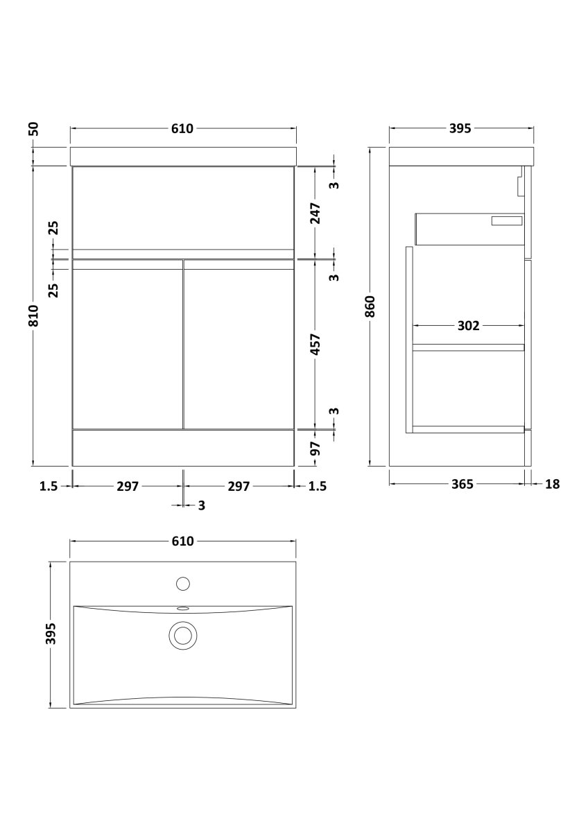 Hudson Reed Urban Floor Standing 2 Door 1 Drawer Vanity Unit with Thin-Edge Basin, Modern Vanity Unit in Satin White, 600mm