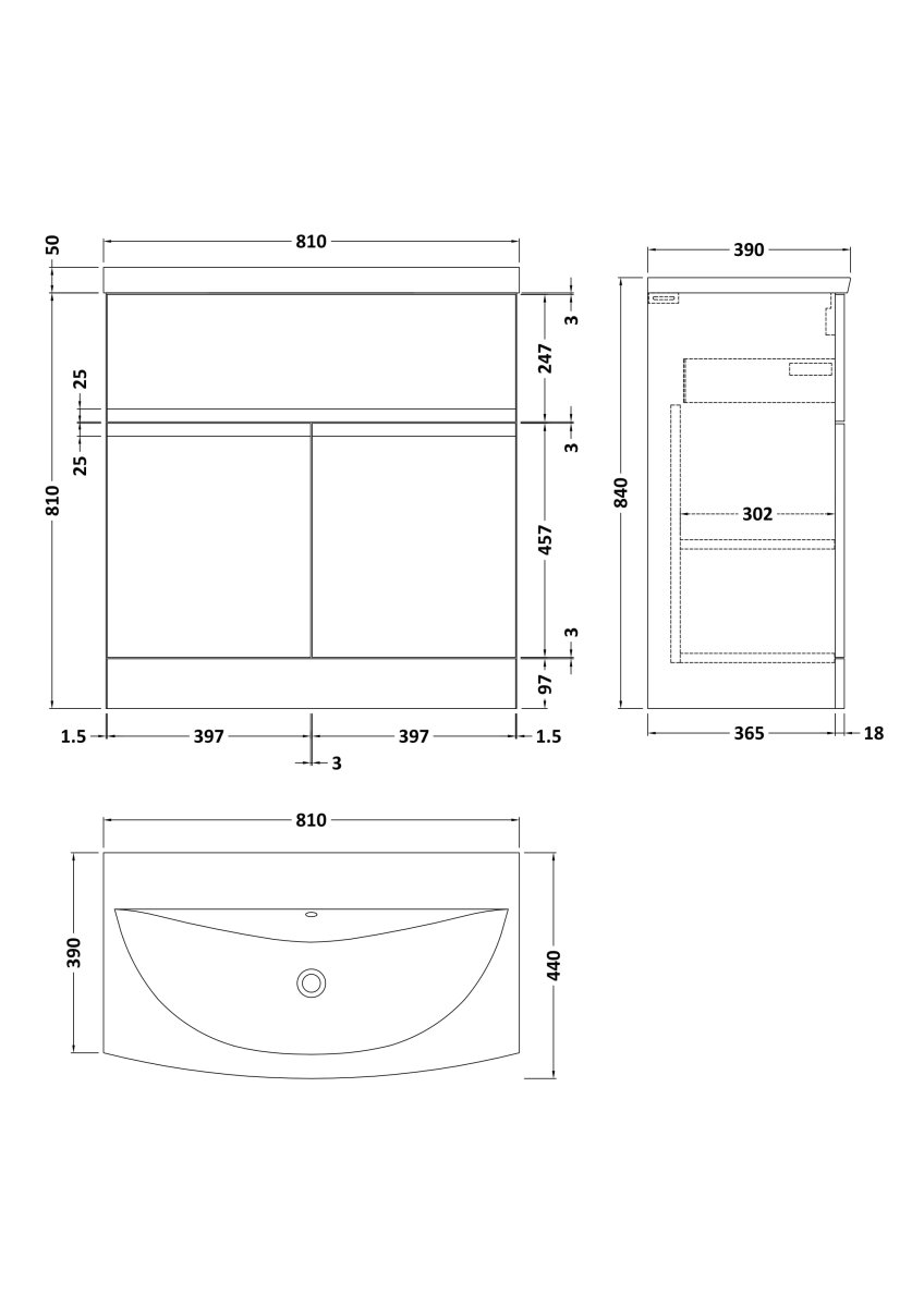 Hudson Reed Urban Floor Standing 2 Door 1 Drawer Vanity Unit with Curved Basin, Durable Modern Vanity Unit in Satin White, 800mm