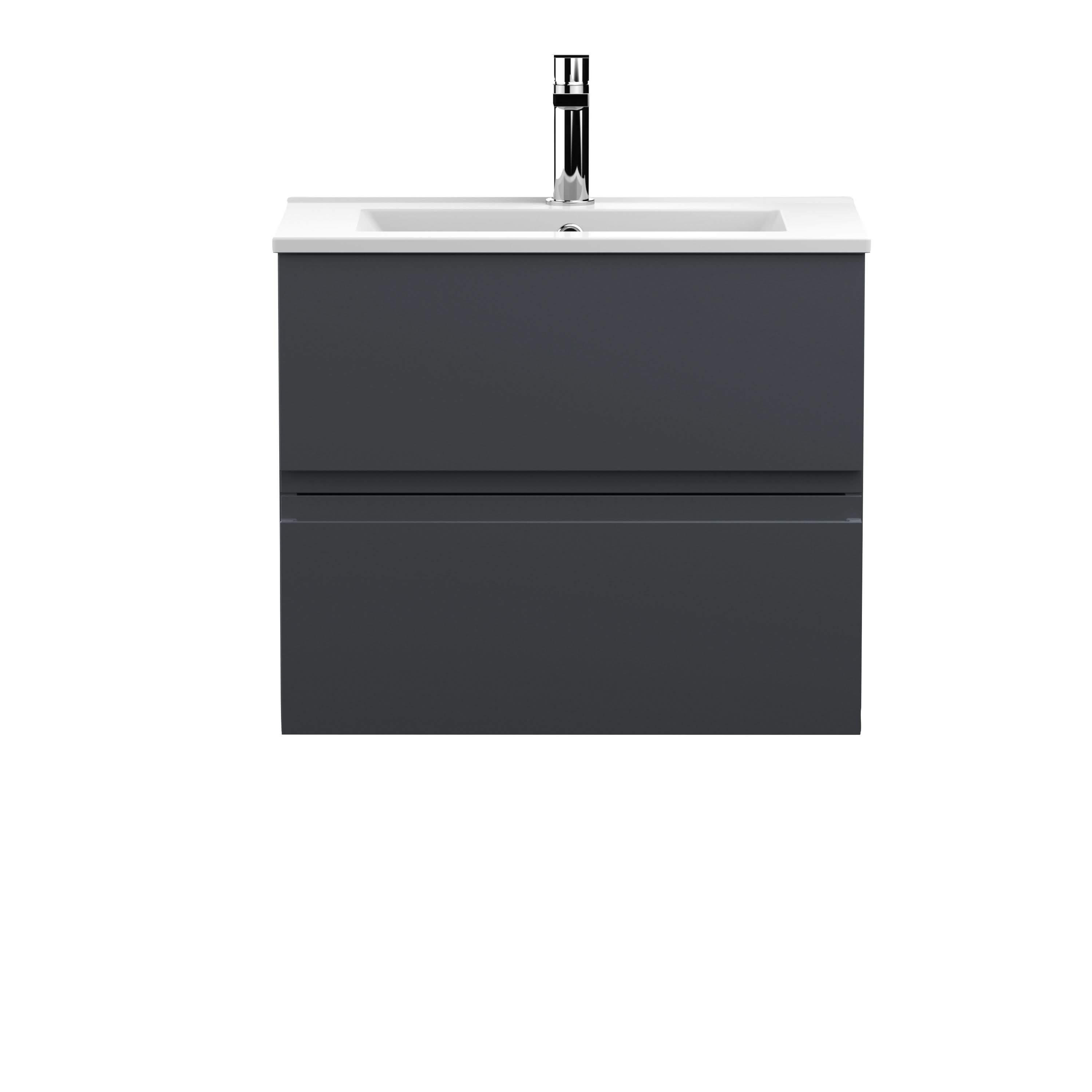 Hudson Reed Urban Wall Hung 2 Drawer Vanity Unit with Minimalist Ceramic Basin, Modern Bathroom Furniture in Soft Black, 600mm