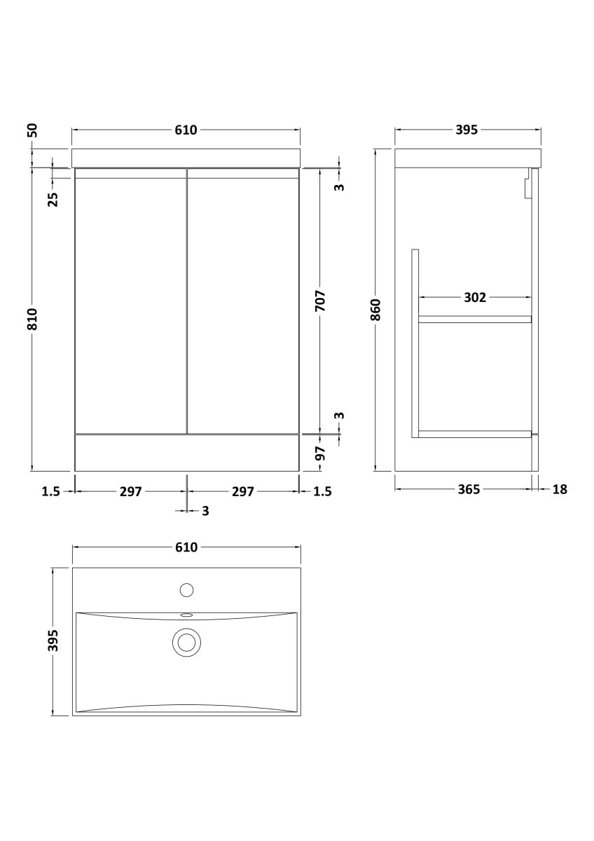 Hudson Reed Urban Floor Standing 2 Soft Close Door Vanity Unit with Thin-Edge Basin, Modern Vanity Unit in Satin Grey, 600mm