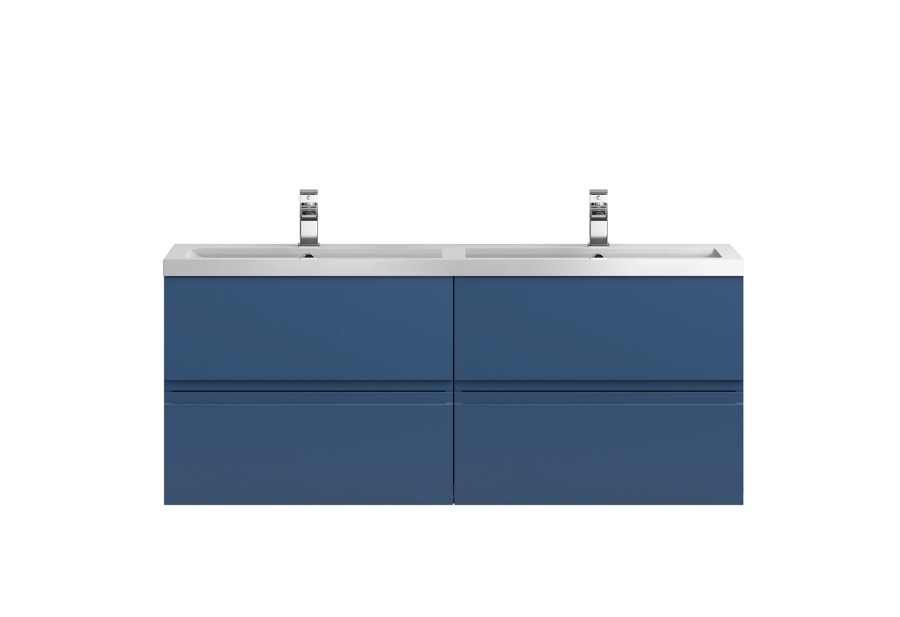 Hudson Reed Urban Wall Hung 4 Drawer Vanity Unit with Double Polymarble Basin, Modern Bathroom Furniture in Satin Blue, 1200mm
