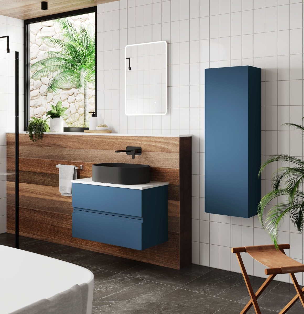 Hudson Reed Urban Tall Wall Hung Unit 1 Soft-Close Door with 3 Shelves, Modern Bathroom Storage Cabinet in Satin Blue, 400x1200mm