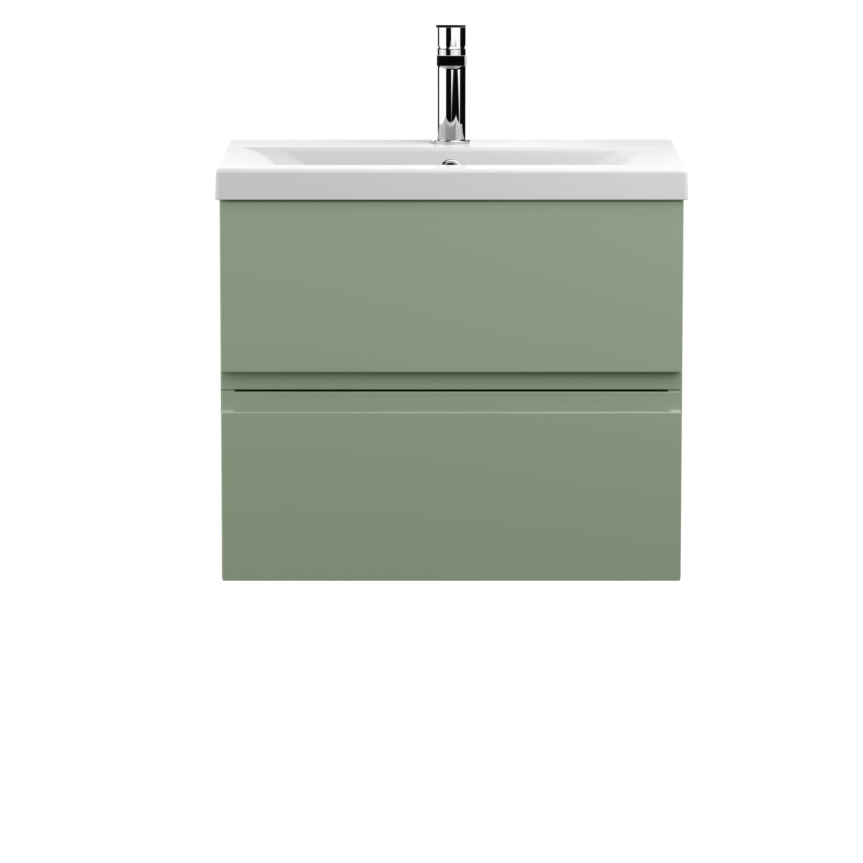 Hudson Reed Urban Wall Hung 2 Drawer Vanity Unit with Mid-Edge Ceramic Basin, Modern Bathroom Furniture in Satin Green, 600mm