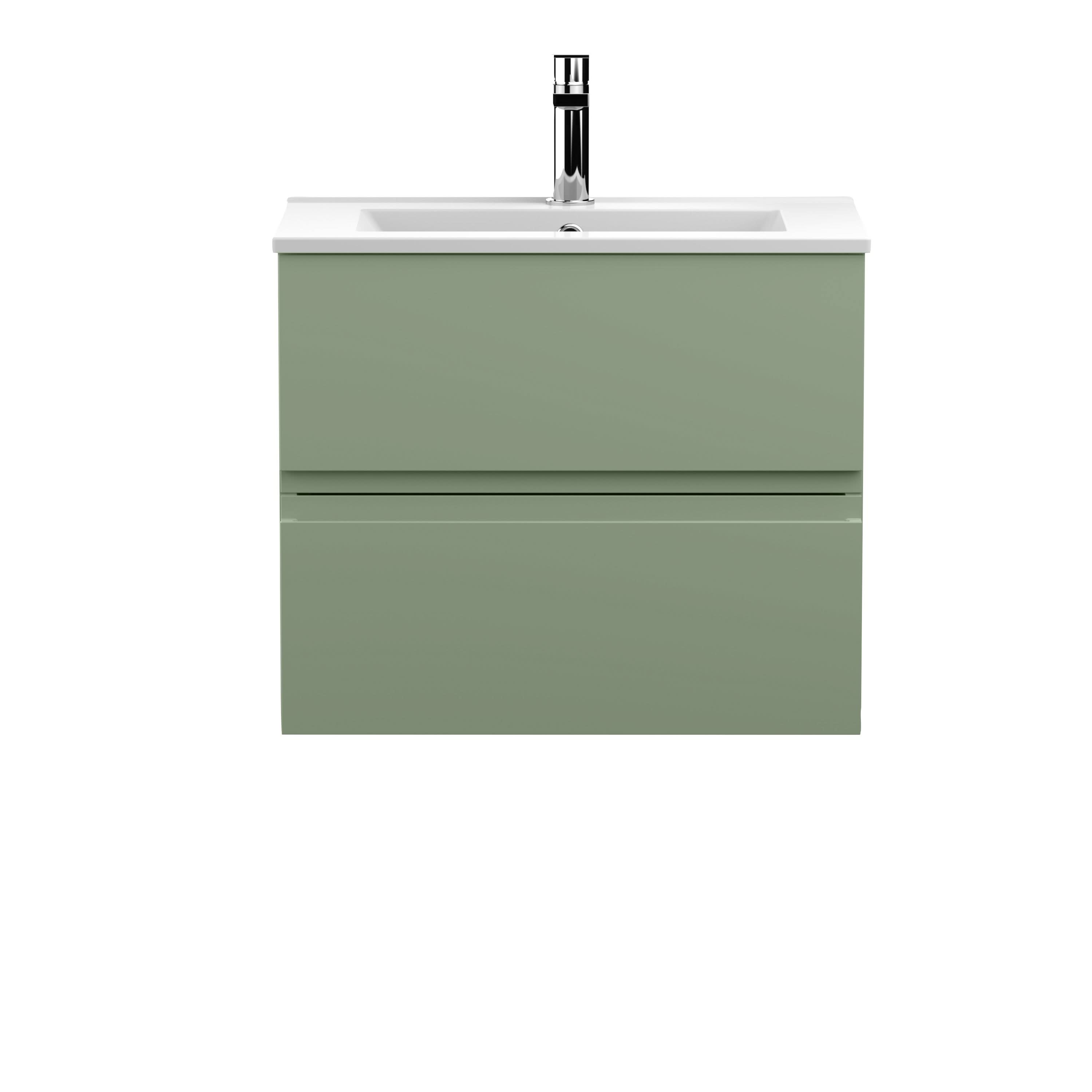 Hudson Reed Urban Wall Hung 2 Drawer Vanity Unit with Minimalist Ceramic Basin, Modern Bathroom Furniture in Satin Green, 600mm