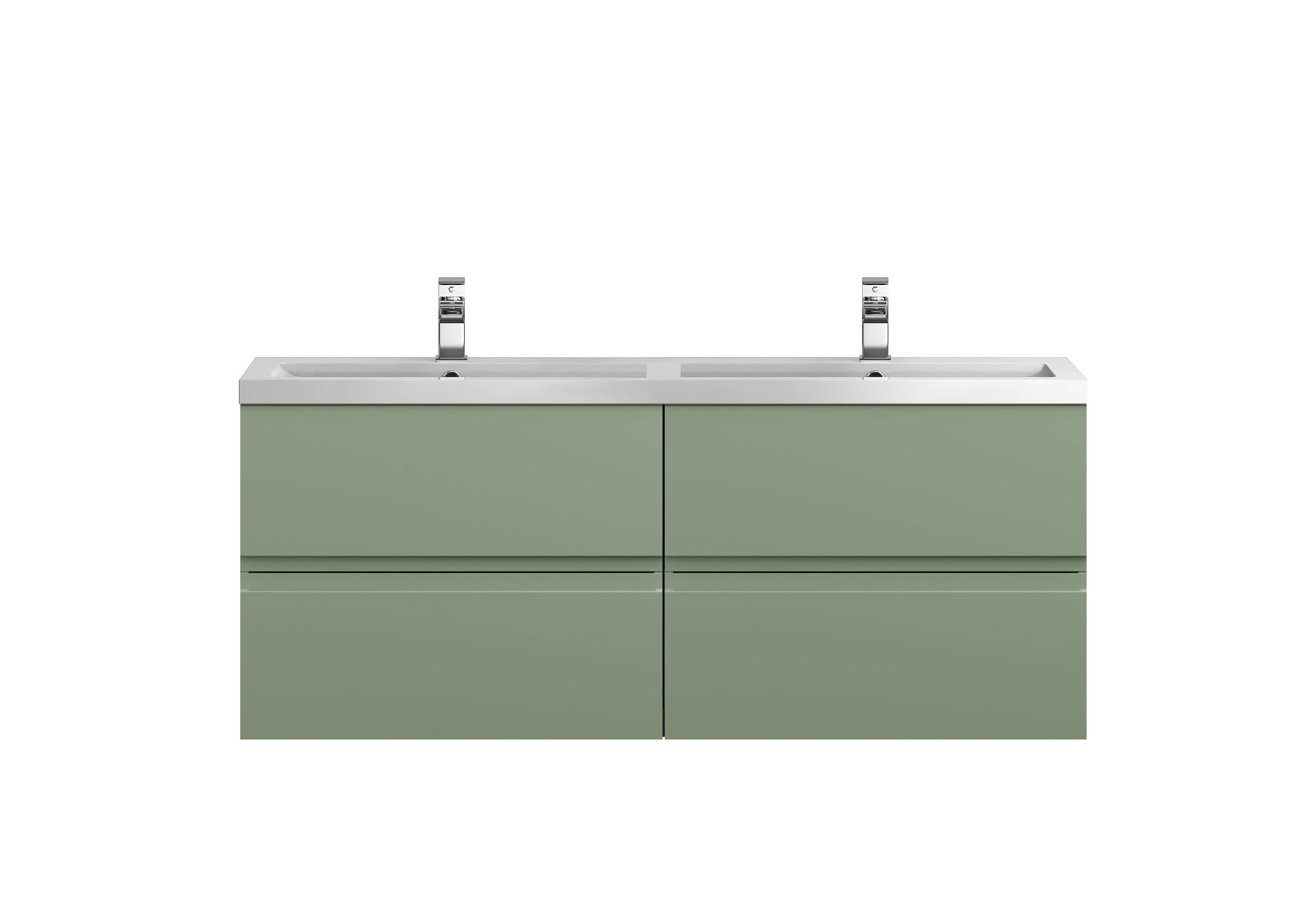 Hudson Reed Urban Wall Hung 4 Drawer Vanity Unit with Double Polymarble Basin, Modern Bathroom Furniture in Satin Green, 1200mm
