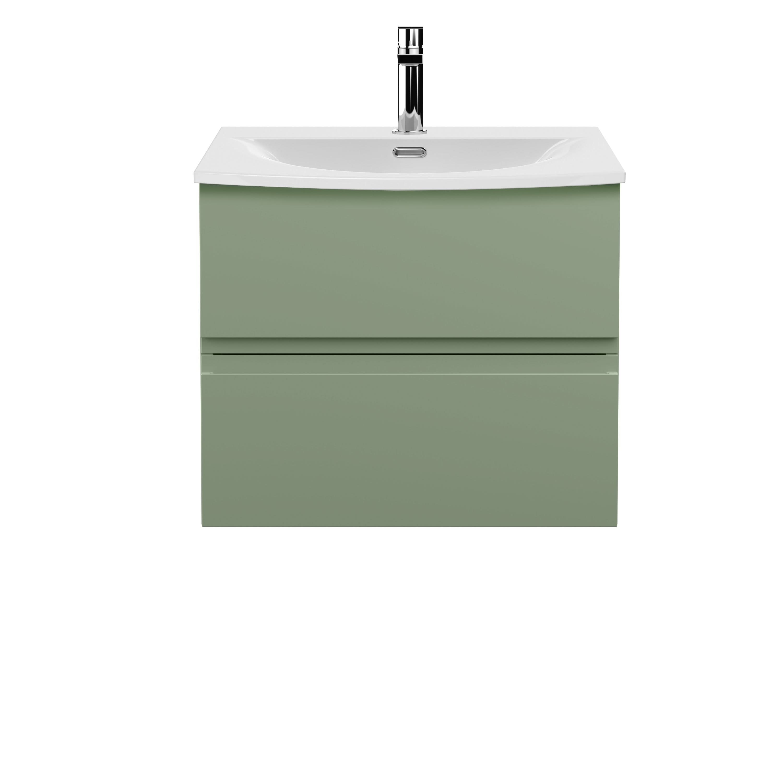 Hudson Reed Urban Wall Hung 2 Drawer Vanity Unit with Curved Ceramic Basin, Modern Bathroom Furniture in Satin Green, 600mm