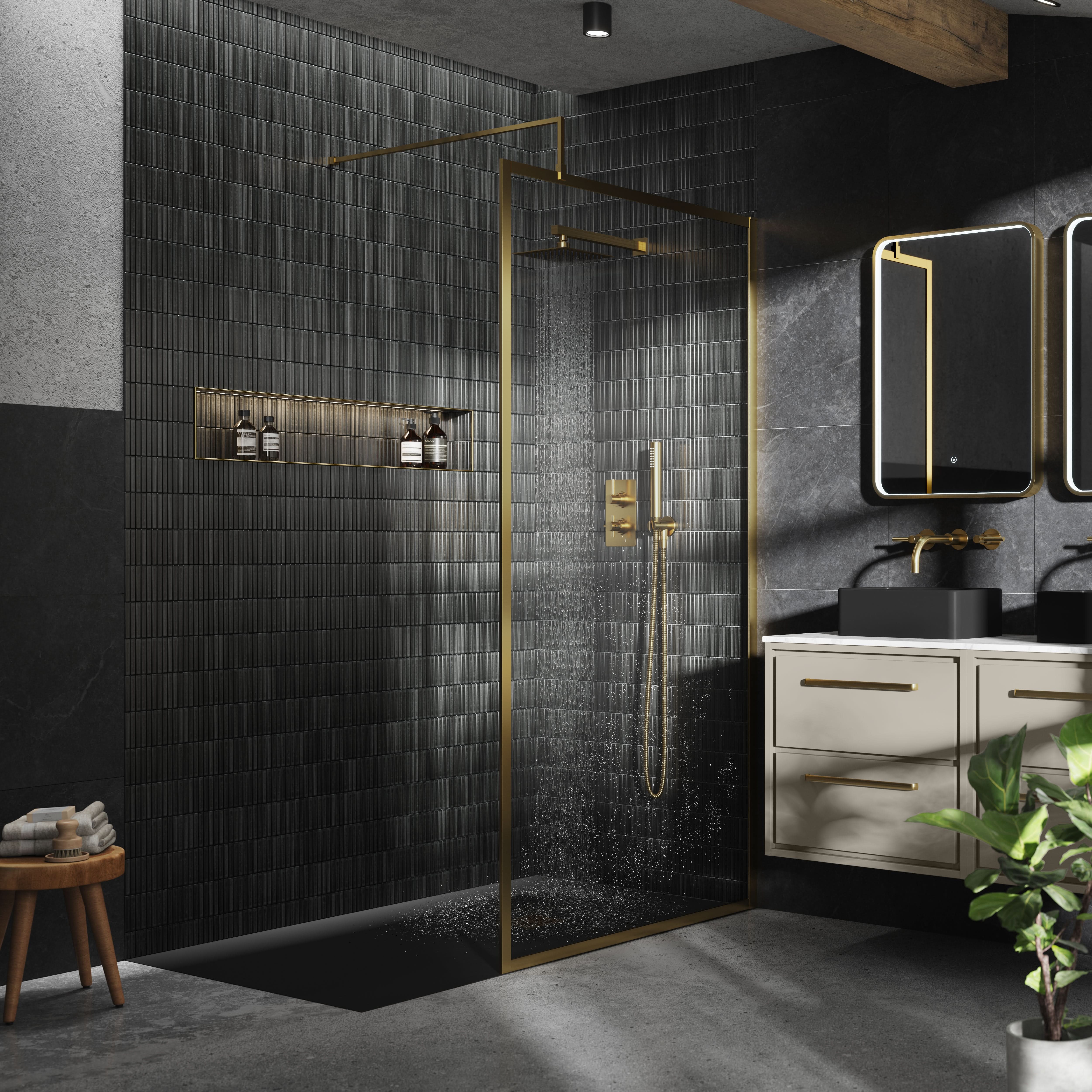 Hudson Reed Full Outer Frame Wetroom Screen, Toughened Glass with Support Bar & Wetroom Shower Screen in Brushed Brass, 1950x1100mm