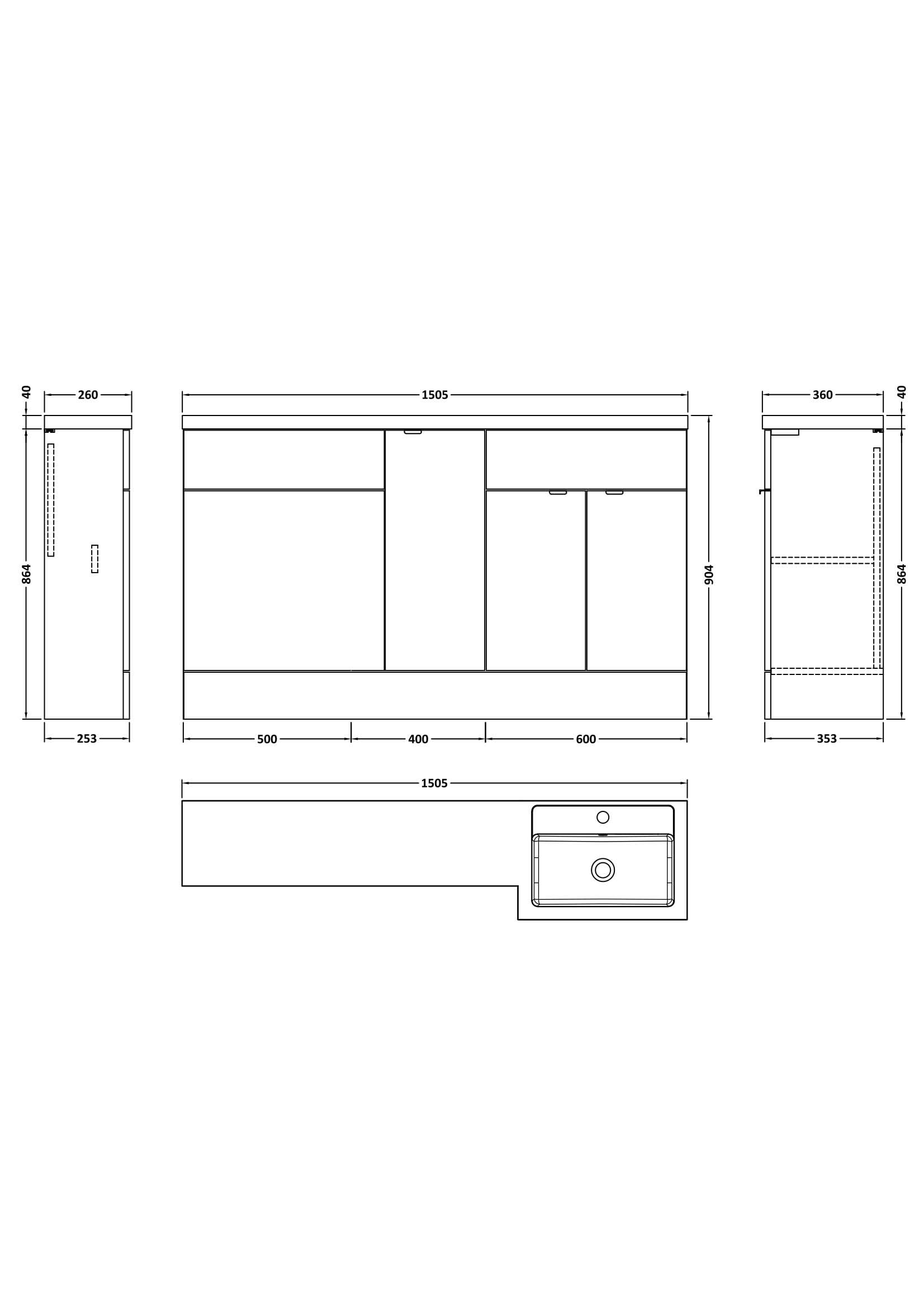 Hudson Reed Fusion Floor Standing 3 Door Vanity Basin & WC Right Hand Combination, Sink Vanity Unit, Charcoal Black, 1500mm