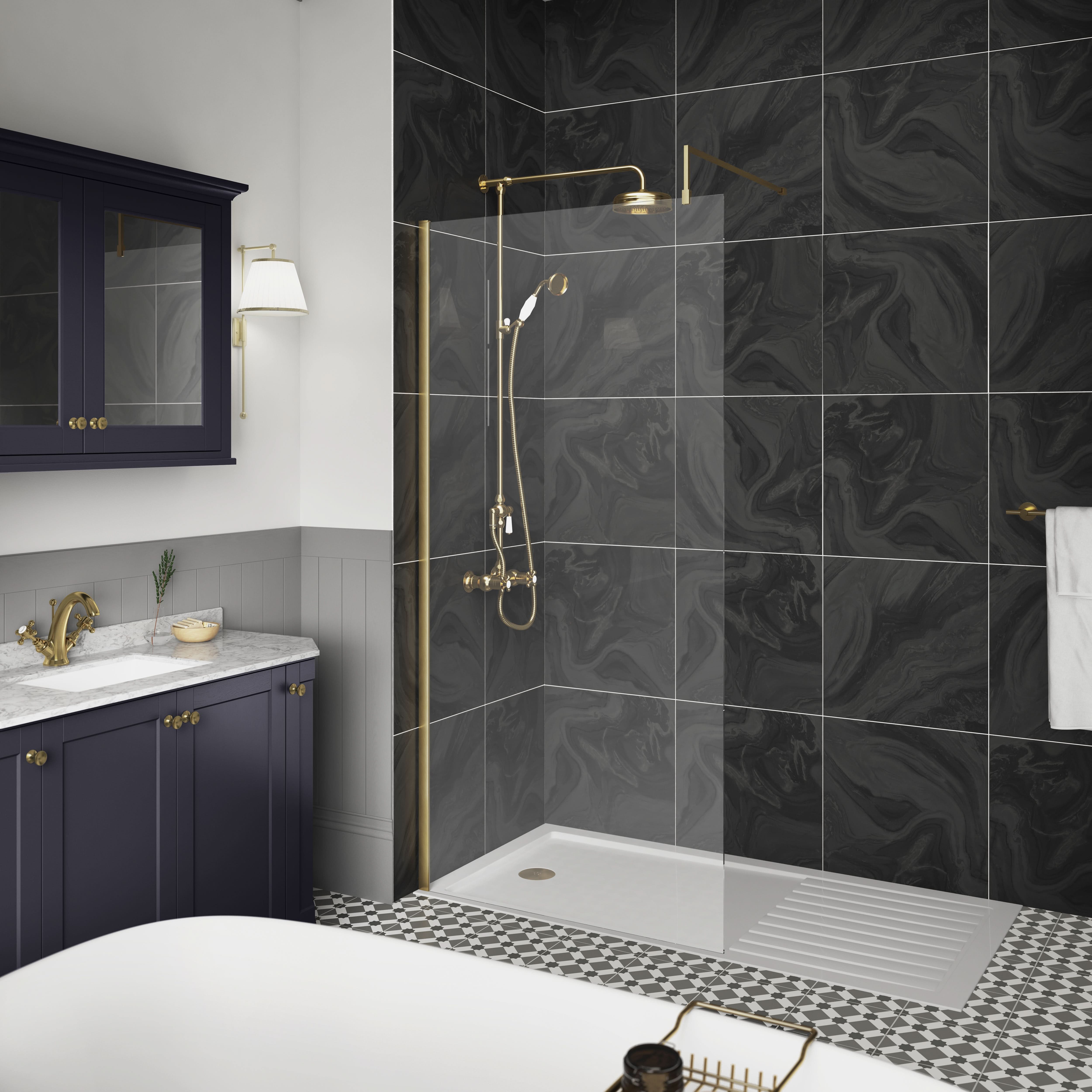 Hudson Reed Wetroom Screen & Support Bar, Durable Toughened Glass Wet Room Glass Panels Wetroom Shower Screen in Brushed Brass, 1000mm