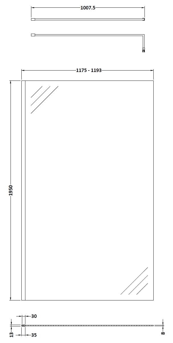 Hudson Reed Wetroom Screen & Support Bar, Durable Toughened Glass Wet Room Glass Panels Wetroom Shower Screen in Brushed Brass, 1200mm