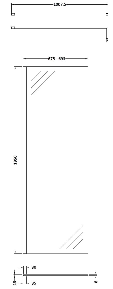 Hudson Reed Wetroom Screen & Support Bar, Durable Toughened Glass Wet Room Glass Panels Wetroom Shower Screen in Brushed Brass, 700mm