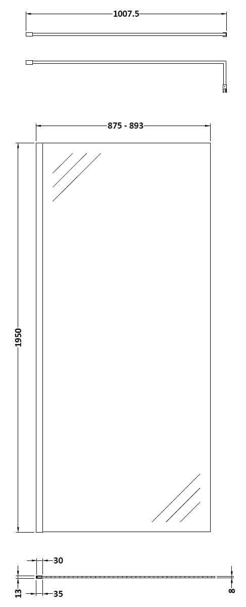 Hudson Reed Wetroom Screen & Support Bar, Durable Toughened Glass Wet Room Glass Panels Wetroom Shower Screen in Brushed Brass, 900mm