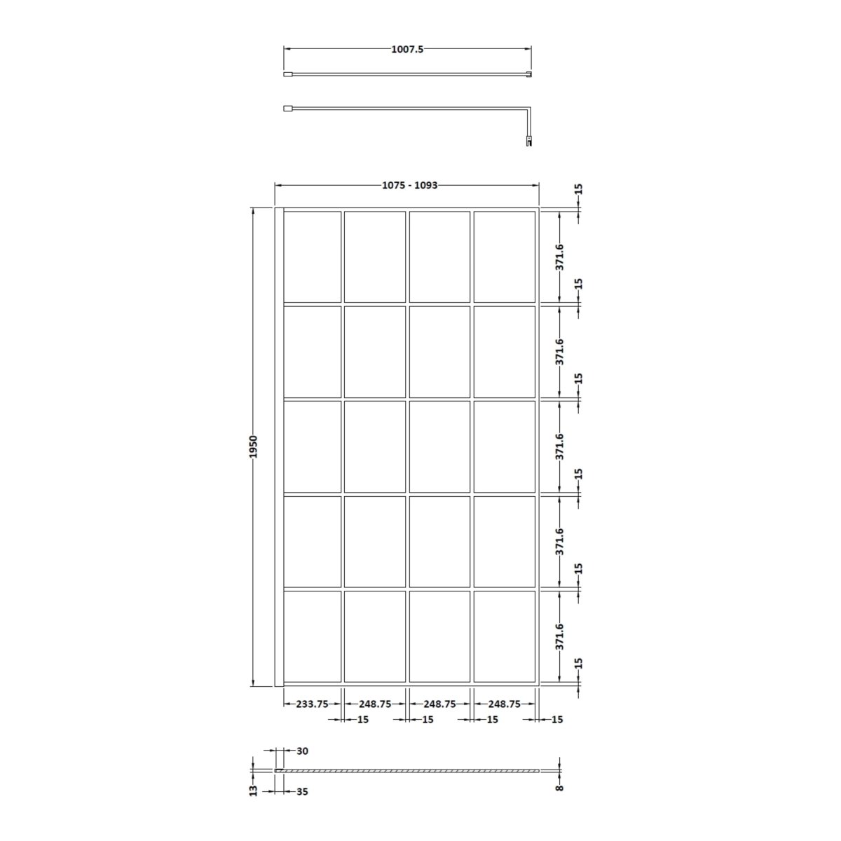 Hudson Reed Framed Wetroom Screen with Support Bar, Durable Toughened Glass Panels & Shower Screen Accessory in Matt Black, 1100mm